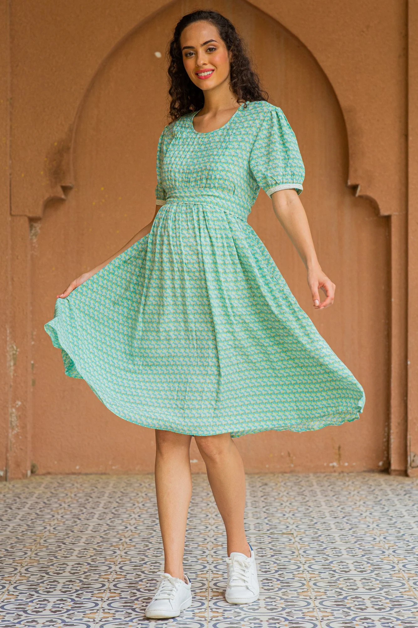 Pistachio Floral Maternity & Nursing Pintucks Knee Dress - Chenance