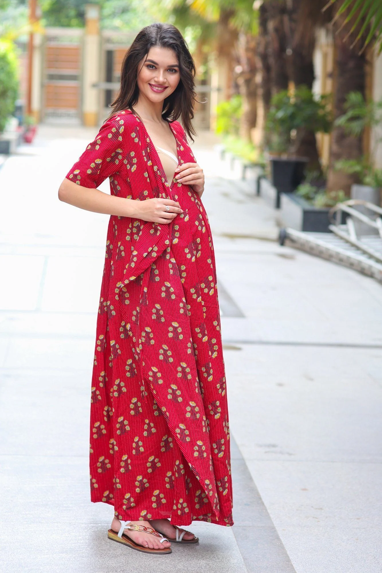 Cotton Raspberry Red Maternity & Nursing Wrap Dress - Chenance