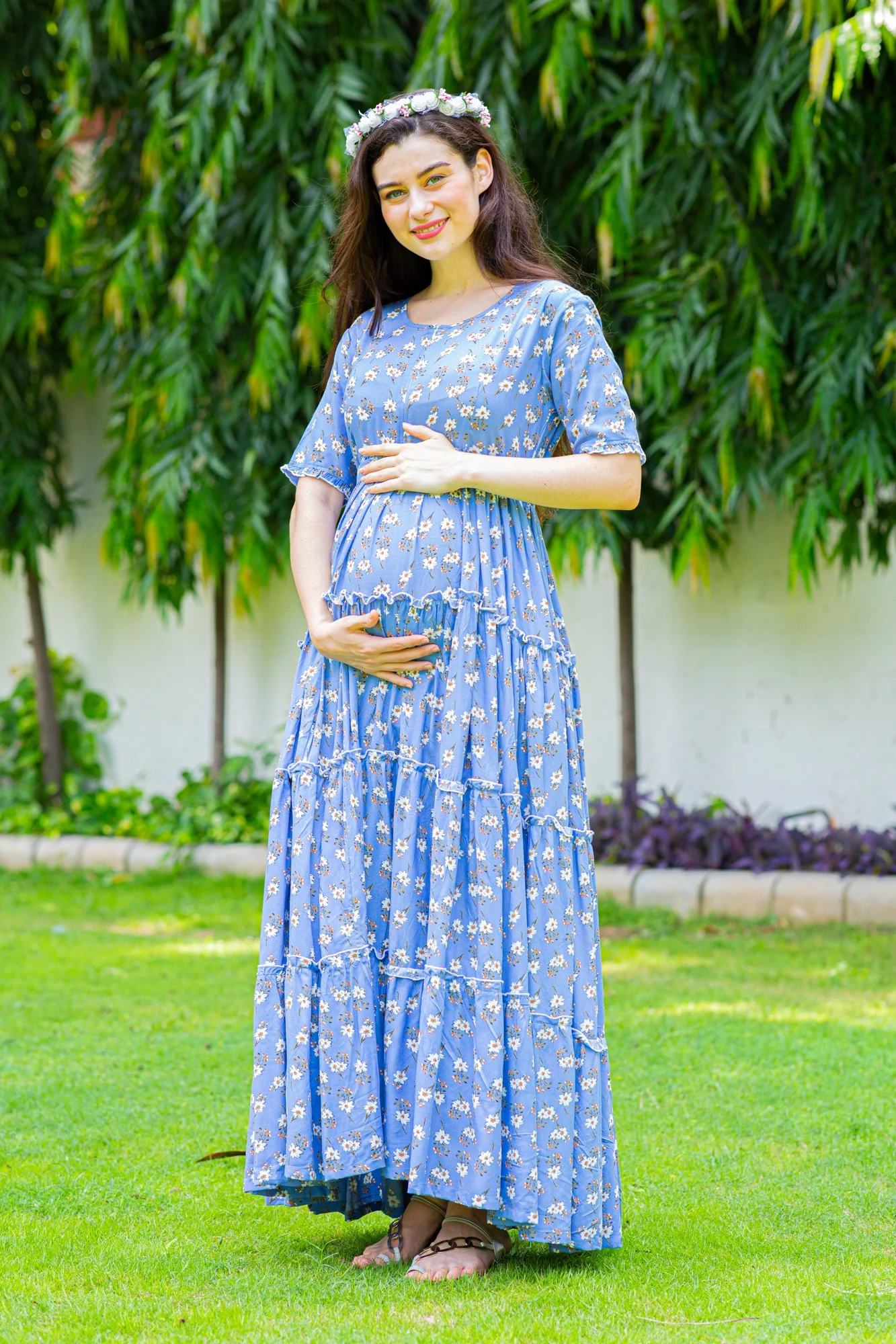 Baby Blue Frill Maternity & Nursing Dress - Chenance