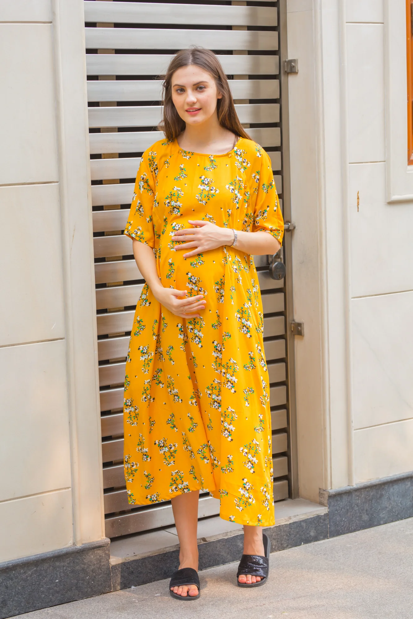 Sunshine Love Shoulder Snap Maternity & Nursing Dress / Delivery Gown/ Night Dress - Chenance