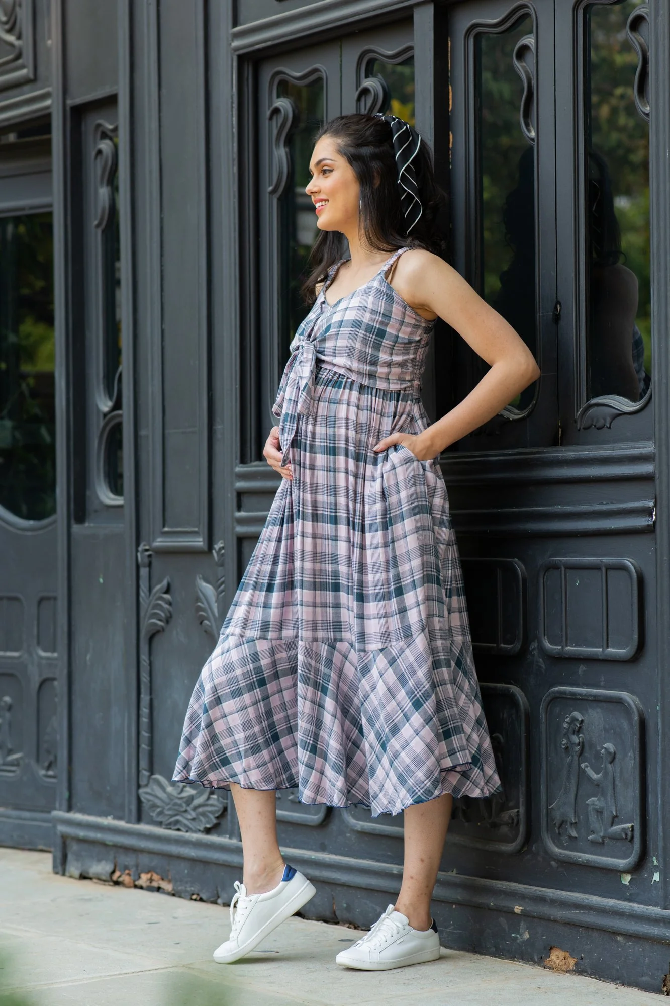 Arctic Plaid Dual Bow Maternity Dress - Chenance