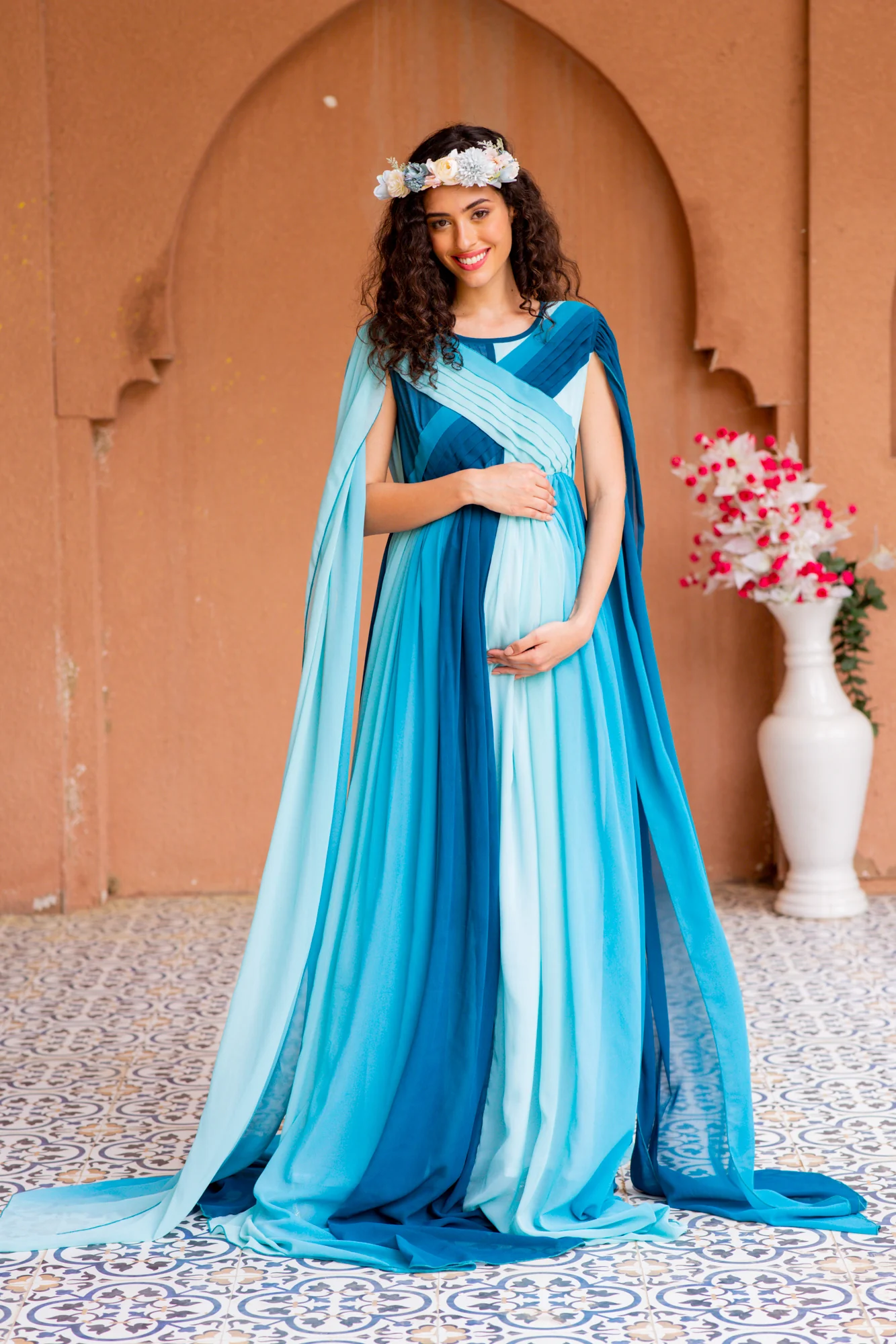 Victoria Blue Monochromatic Maternity Trail Photoshoot Gown - Chenance
