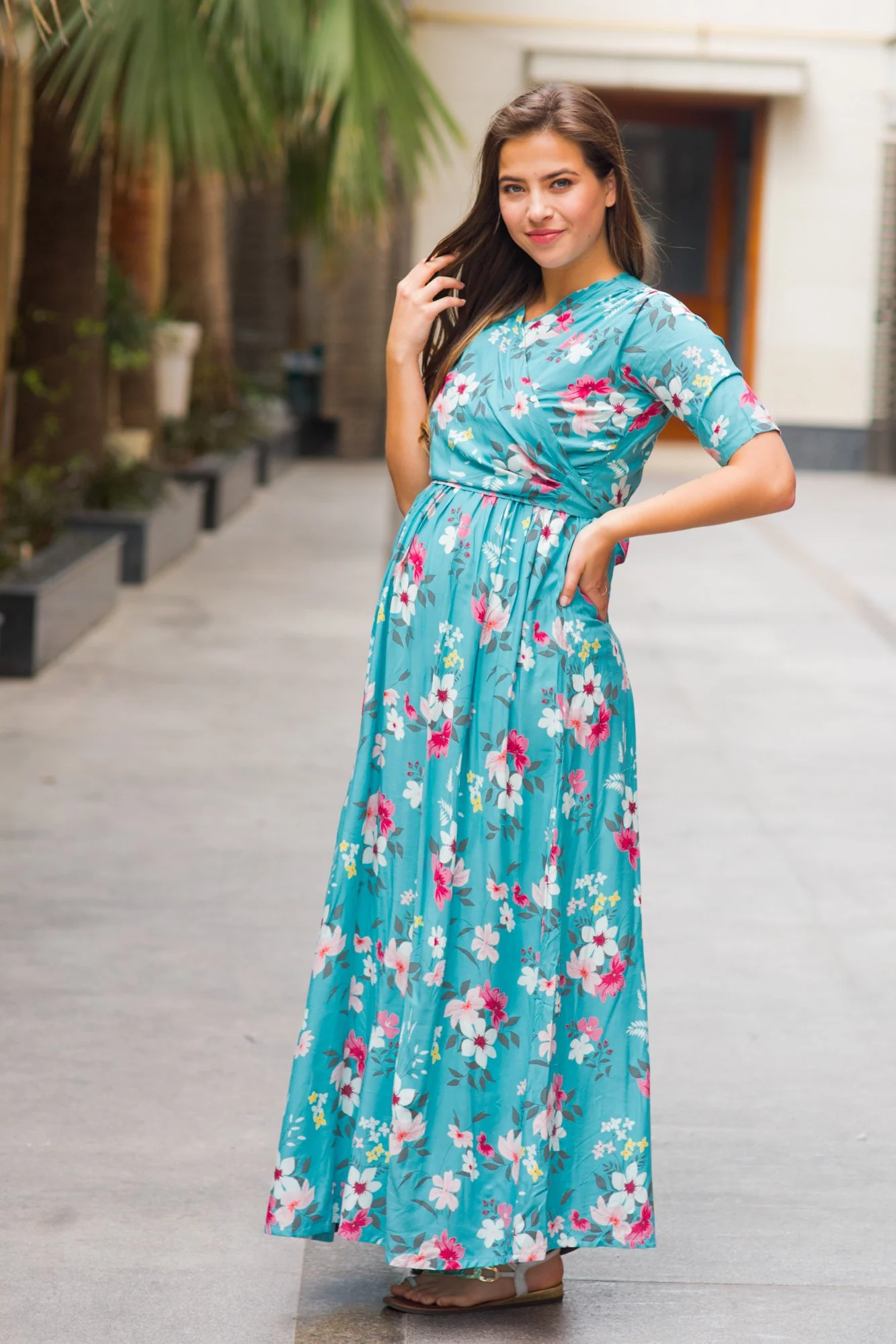 Baby Blue Floral Maternity & Nursing Wrap Dress - Chenance