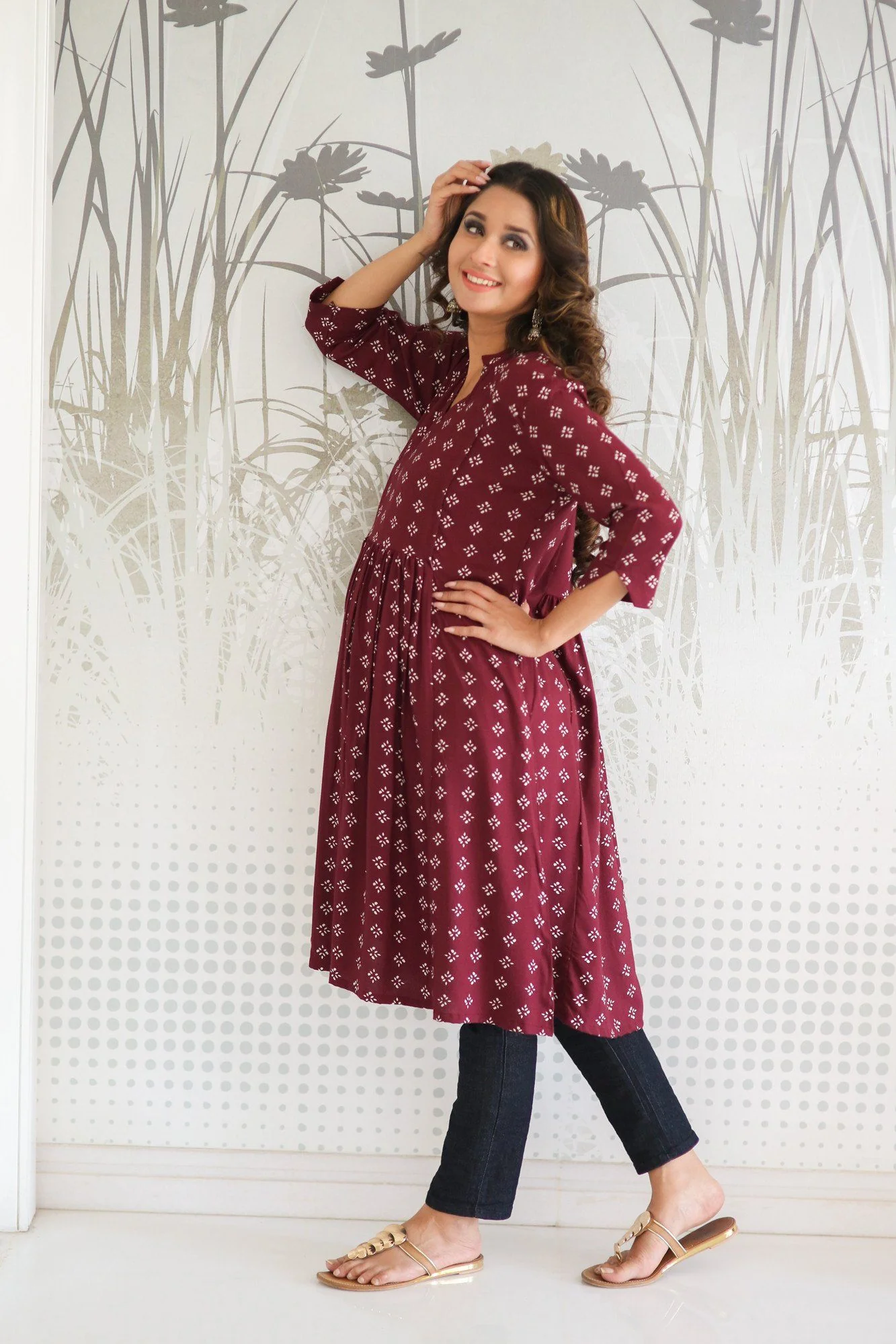 Wine Red Concealed Zip Nursing Kurta - Chenance