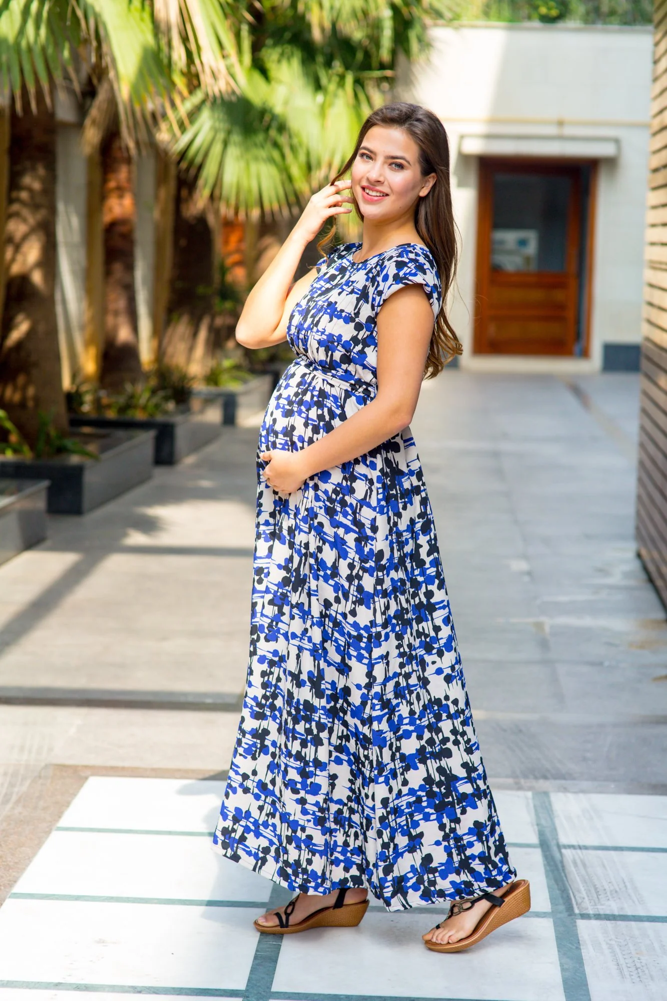 Abstract Crepe Pintucks Concealed Zips Nursing Dress - Chenance