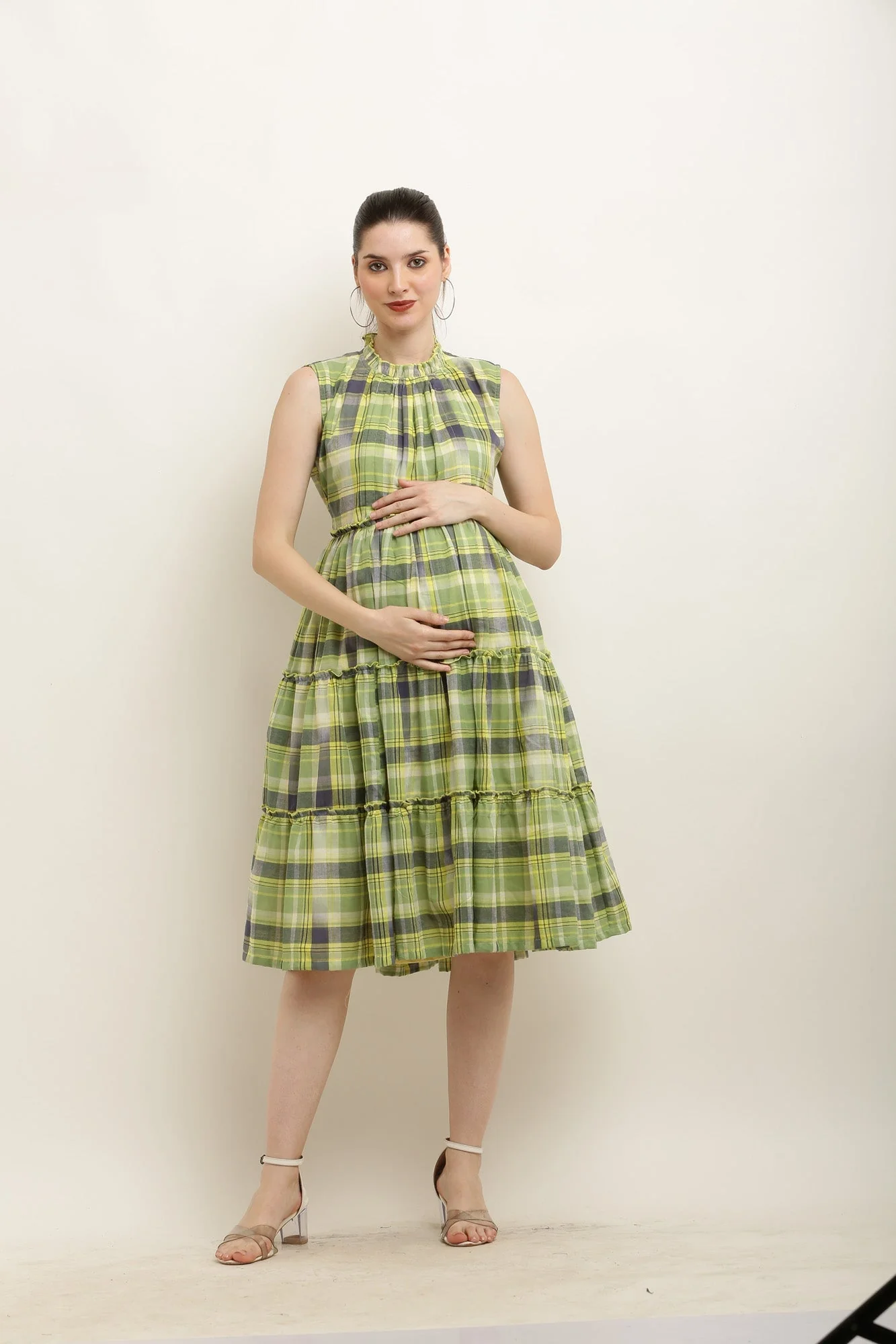 Paradise Olive Green Maternity & Nursing Concealed Zips Frill Dress - Chenance