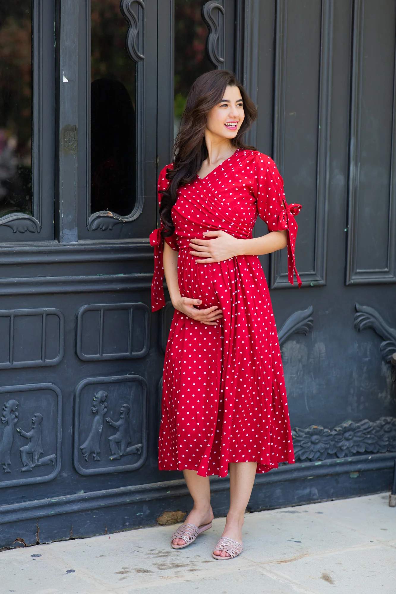 Paradise Cherry Dotted Maternity & Nursing Midi Wrap Dress - Chenance