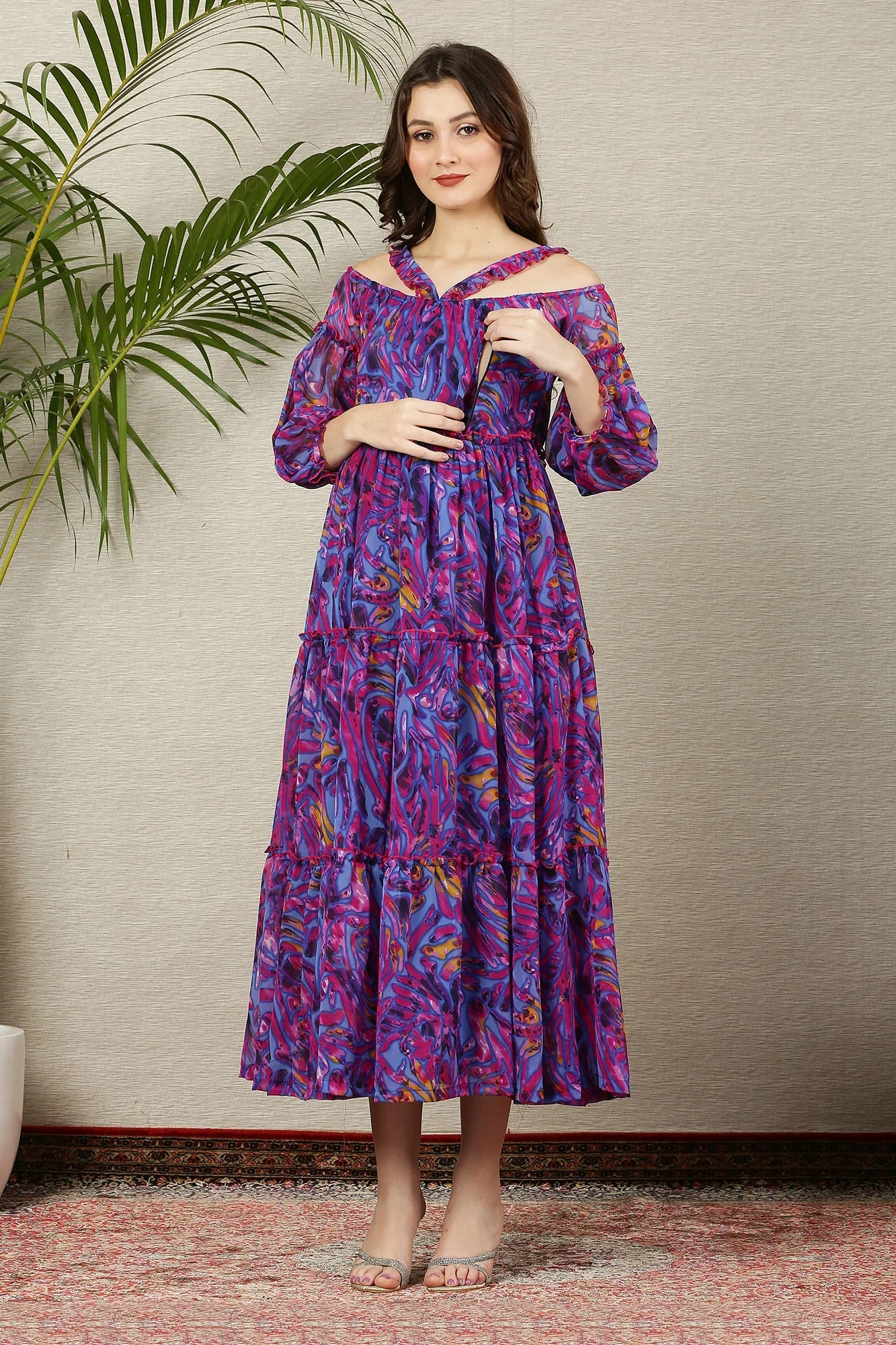 Petite Purple Wave Chiffon Halter Maternity & Nursing Frill Dress - Chenance