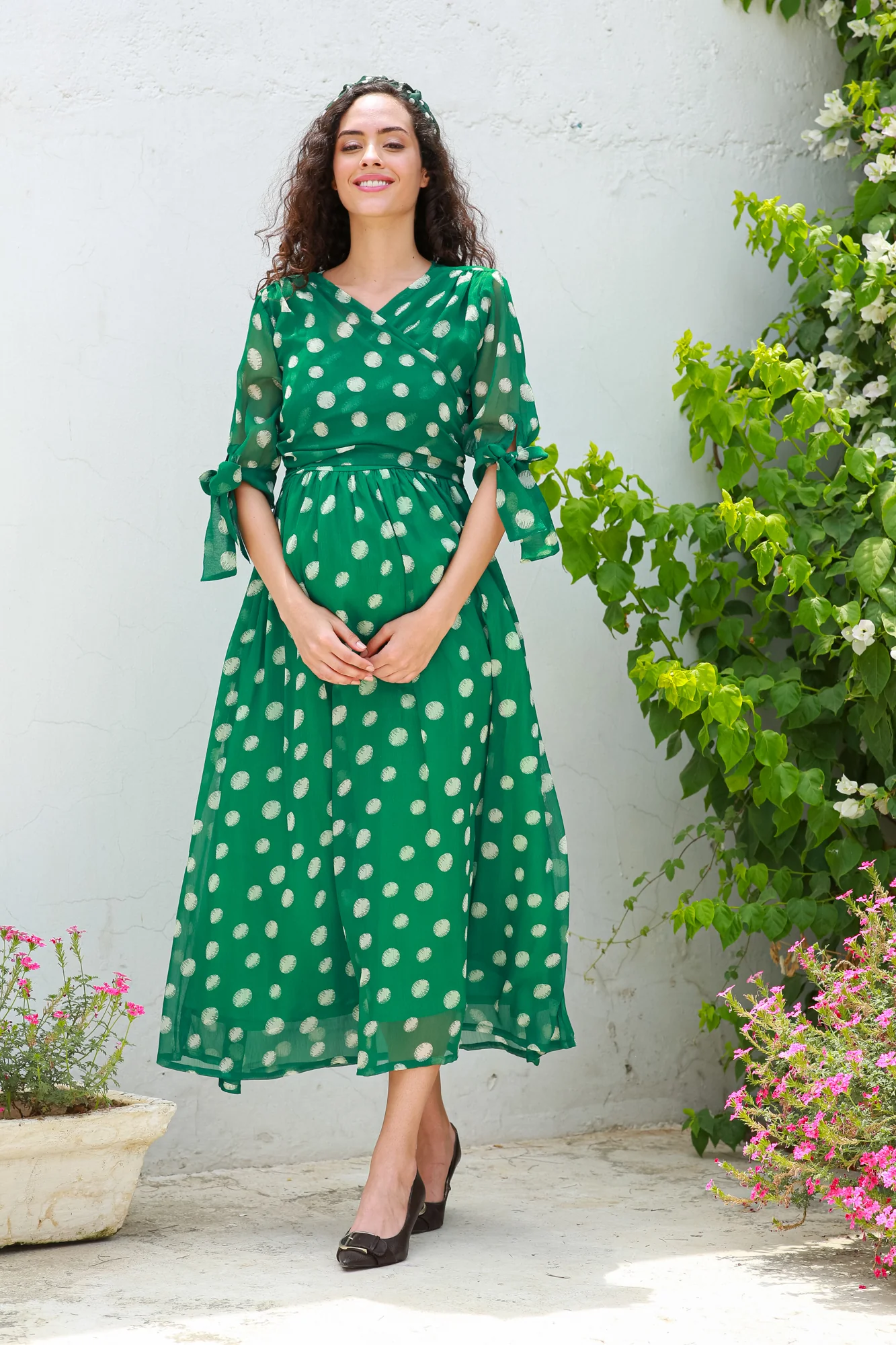 Emerald Dancing Polka Maternity & Nursing Midi Wrap Dress - Chenance