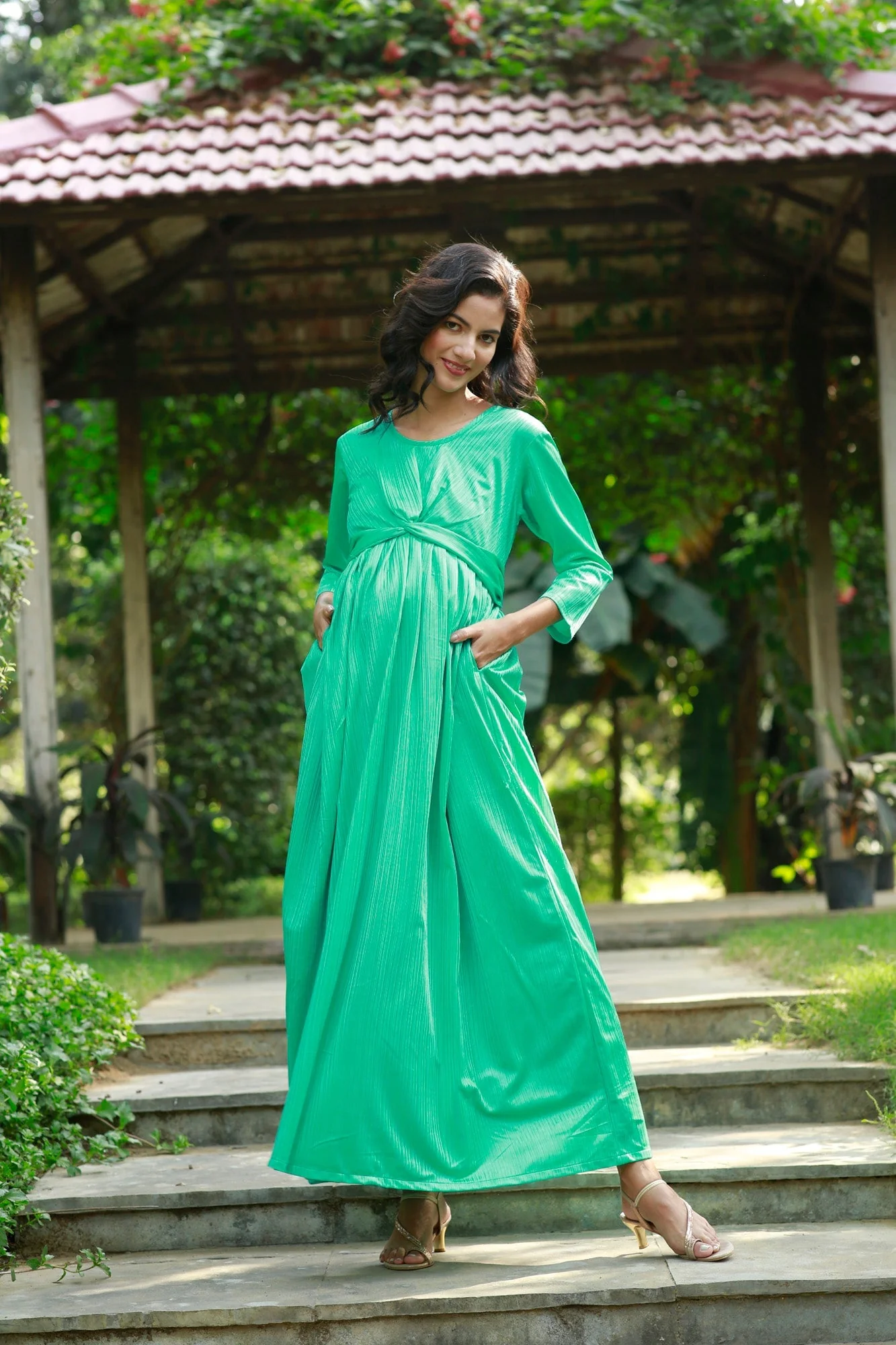 Classy Jade Green Pleated Maternity Knot Dress - Chenance