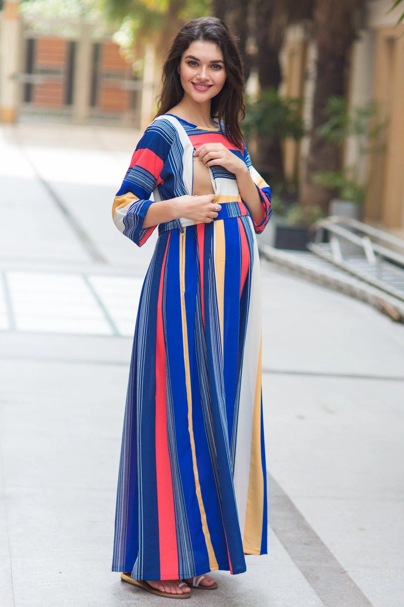 Rainbow Stripe Crepe Maternity & Nursing Maxi - Chenance