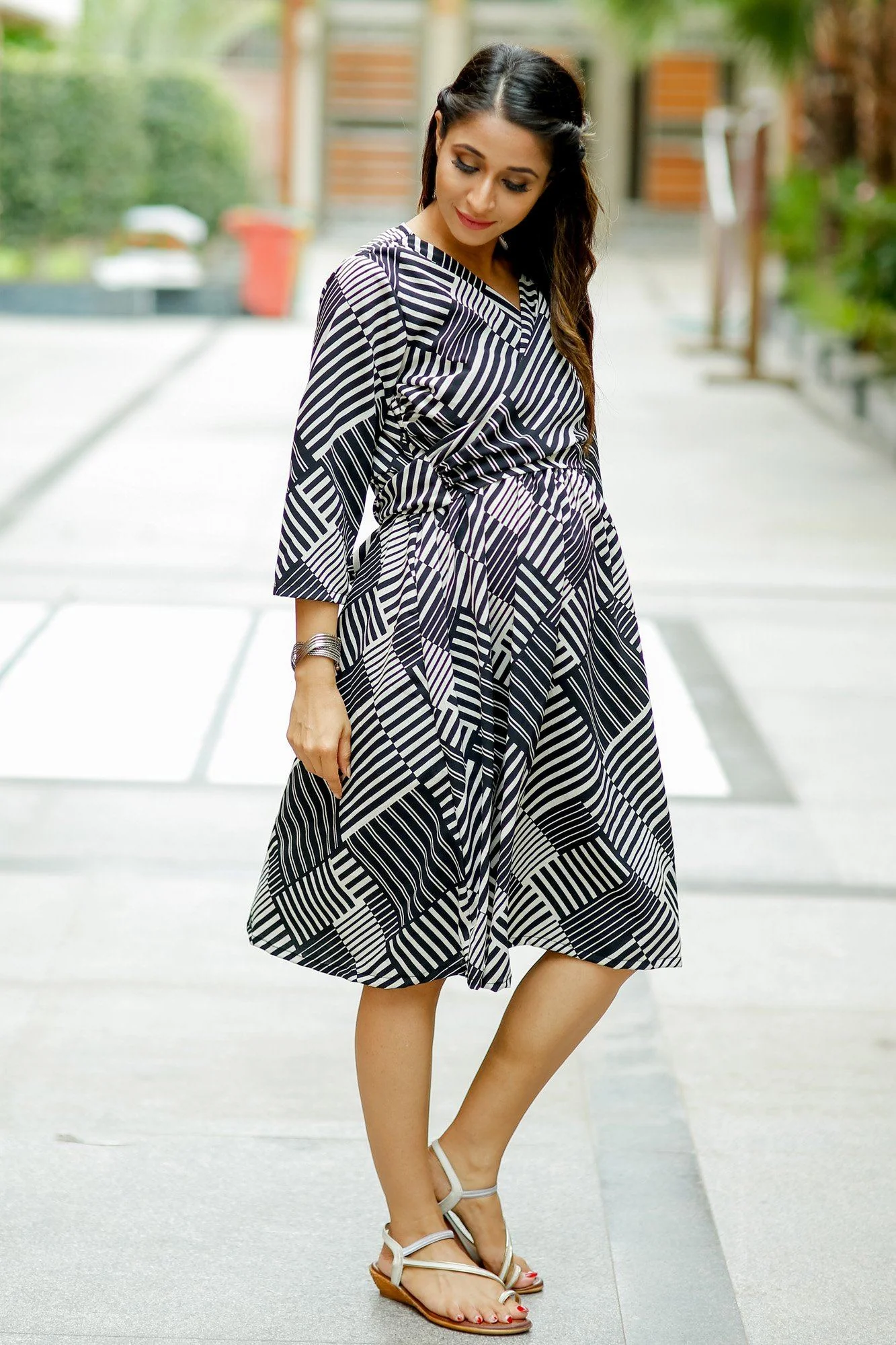 Black Printed Crepe Wrap Tie Maternity & Nursing Dress - Chenance