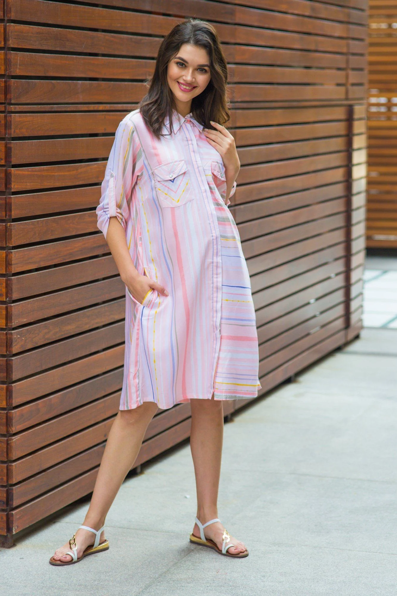 Peach Striped Maternity & Nursing Shirt Dress - Chenance