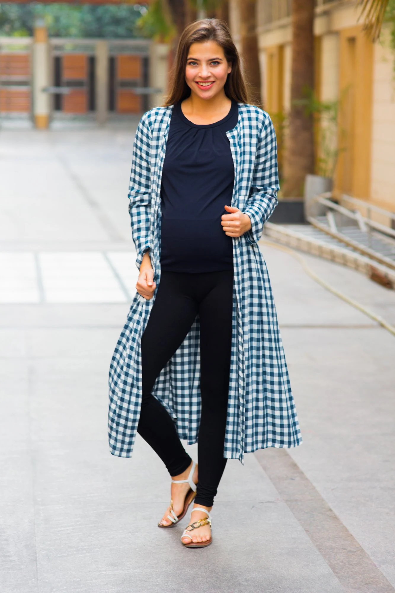 Azure Gathered Plaid Maternity Cover Up - Chenance