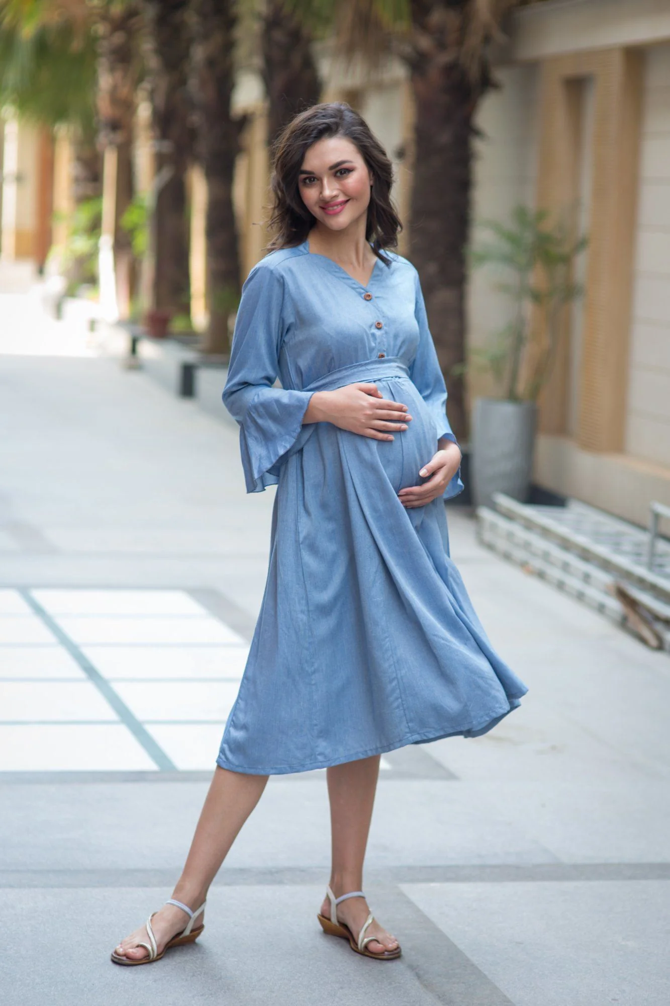 Denim Front Button Maternity & Nursing Dress - Chenance