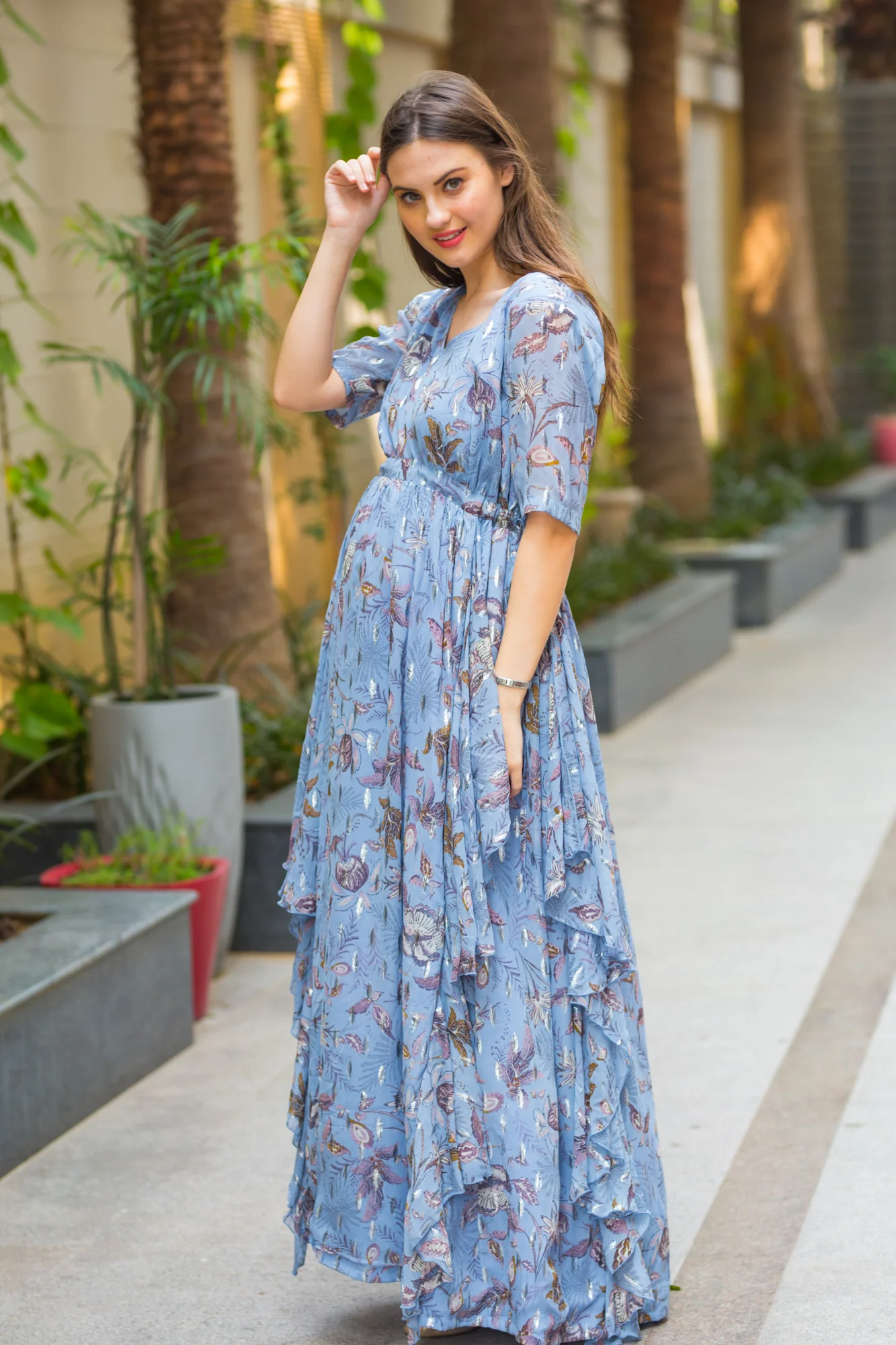 Luxe Foil Embellished Georgette Maternity Dress With Sleeves - Chenance