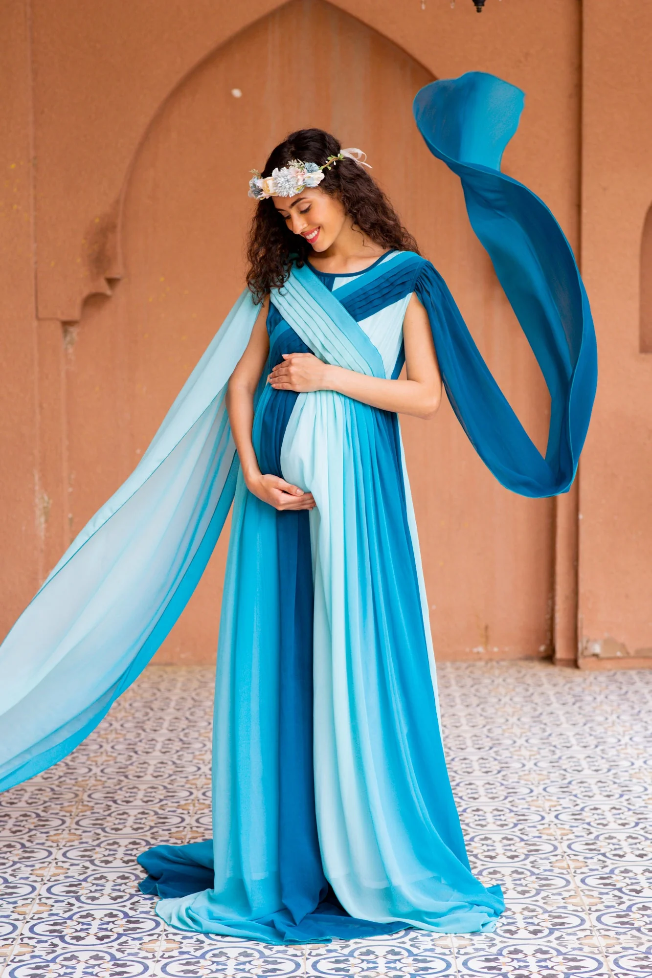Victoria Blue Monochromatic Maternity Trail Photoshoot Gown - Chenance