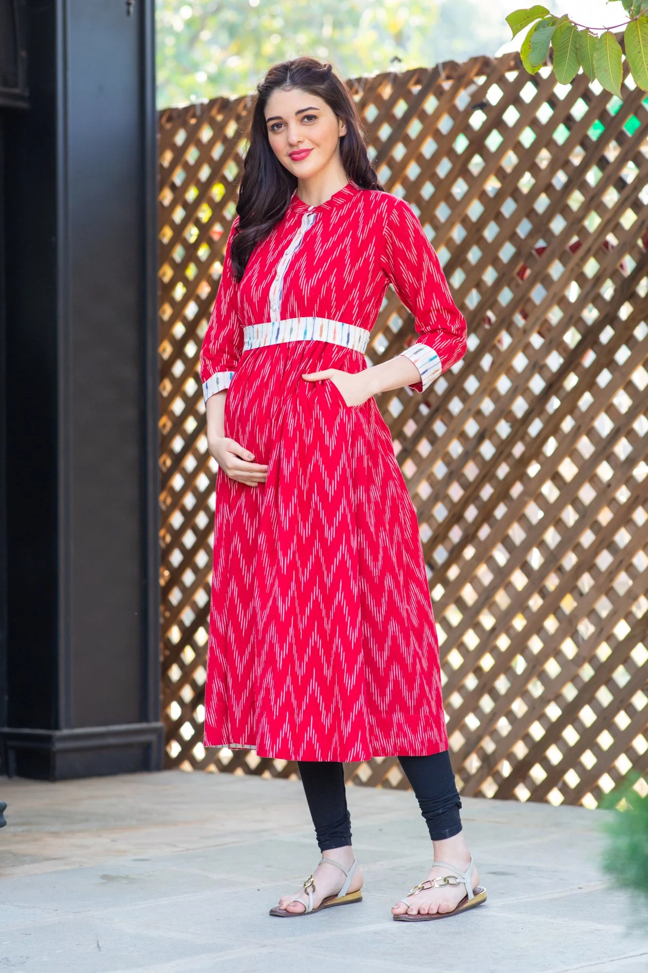 Cherry Zig-Zag Ikat Pocket Maternity & Nursing Kurta - Chenance