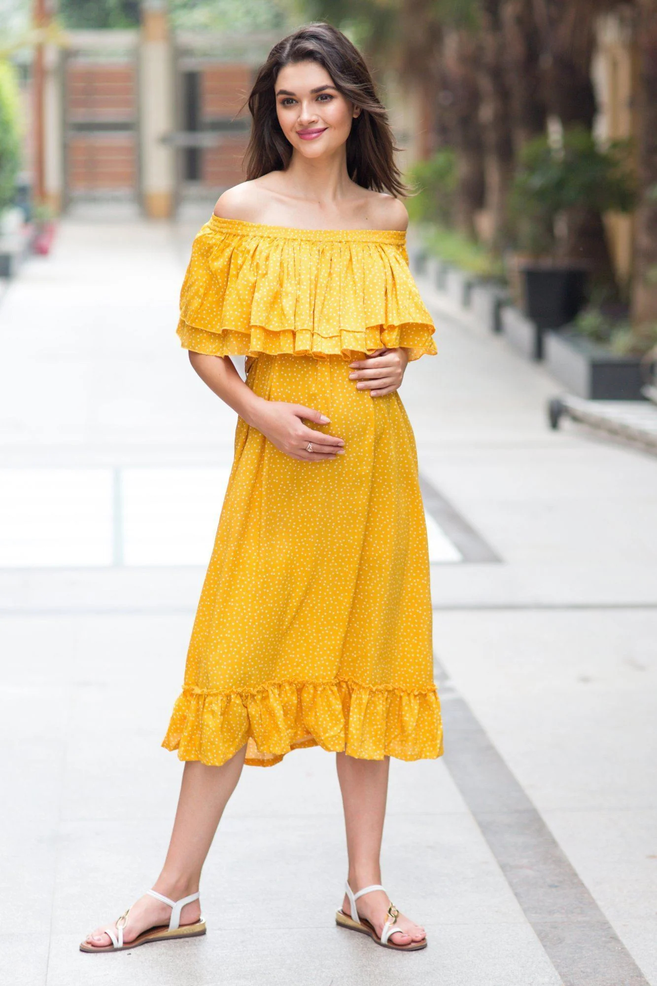 Sunrise Mustard Polka Off-Shoulder Maternity Maxi - Chenance