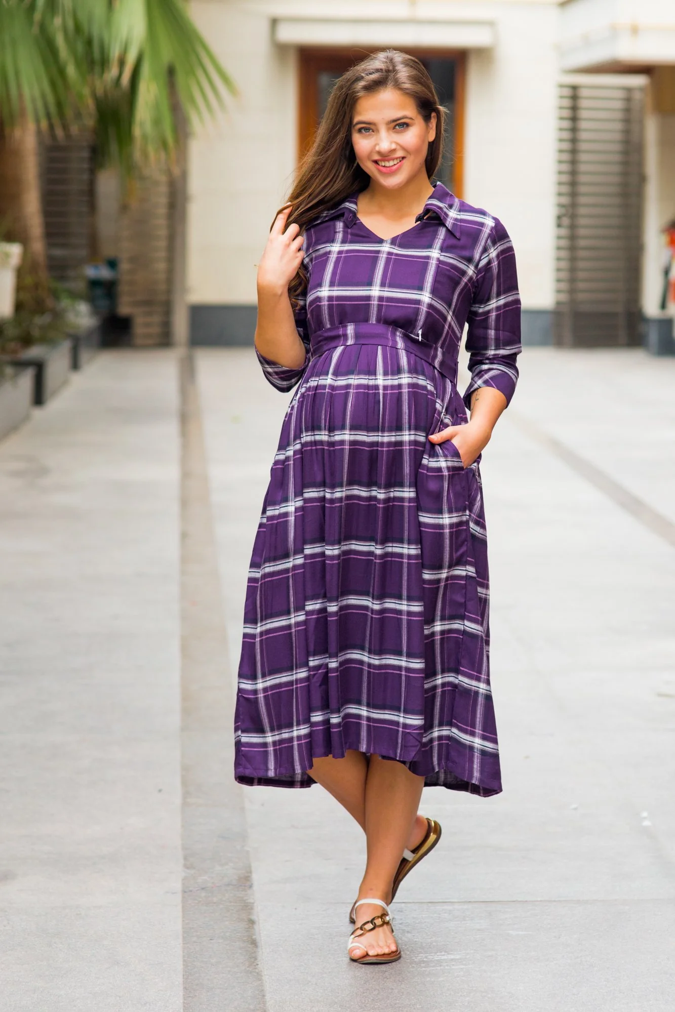 Slick Violet Plaid Maternity & Nursing Button Dress - Chenance