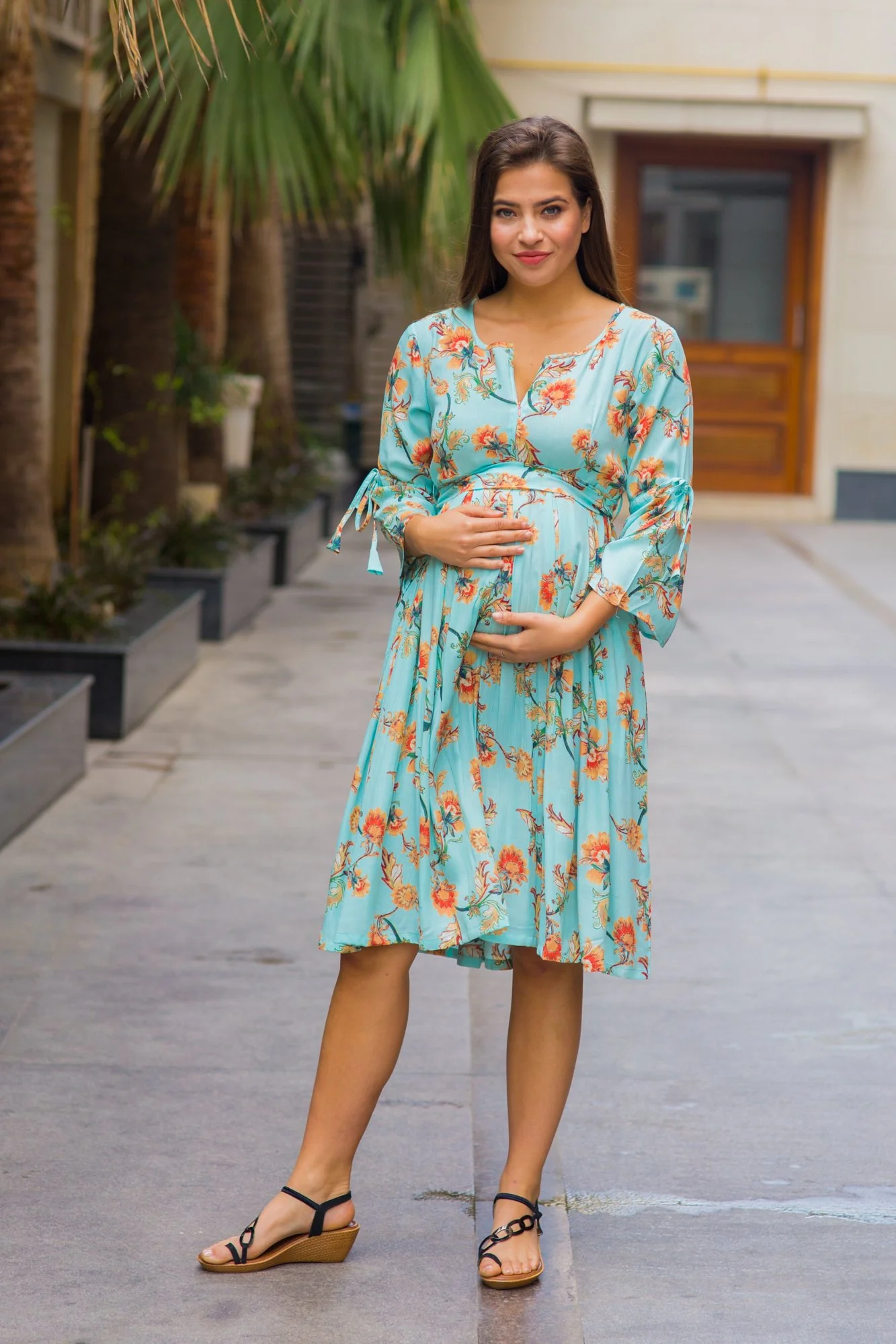 Sky Blue Paisley Tie Maternity & Nursing Dress - Chenance