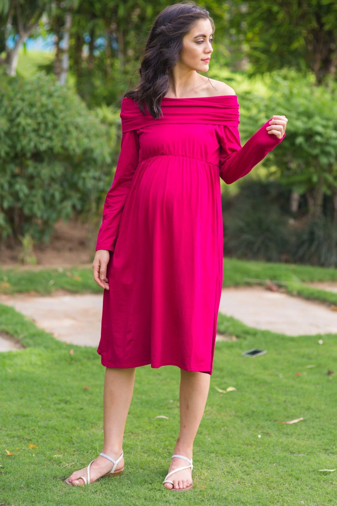 Blush Cowl Neck Off-shoulder Lycra Maternity Maxi - Chenance