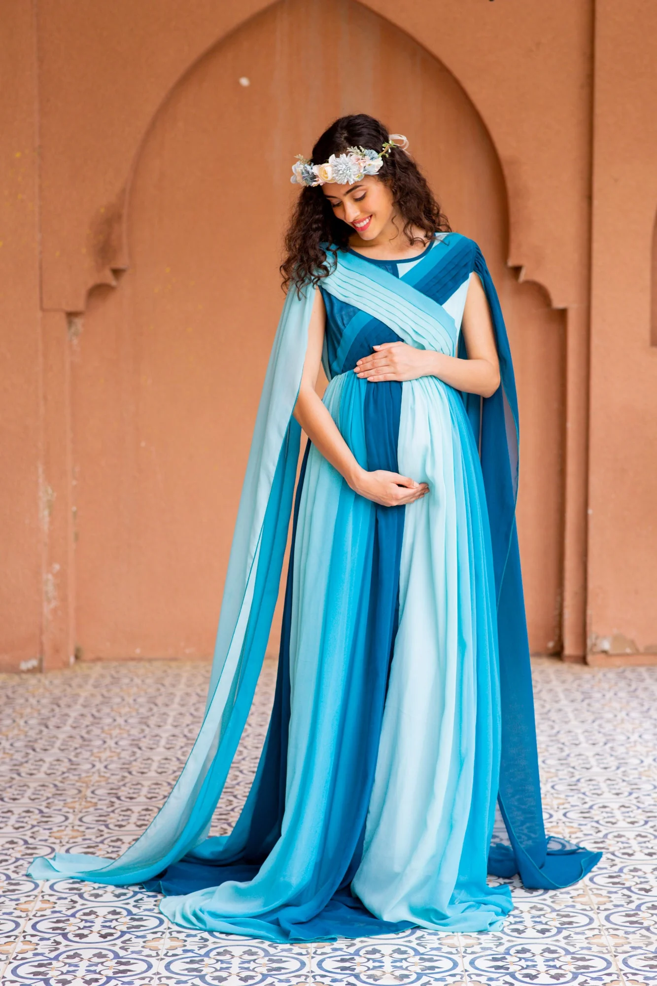 Victoria Blue Monochromatic Maternity Trail Photoshoot Gown - Chenance