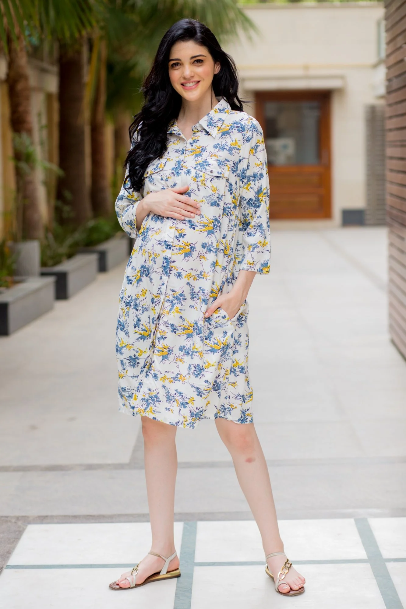 White Floral Maternity & Nursing Shirt Dress - Chenance
