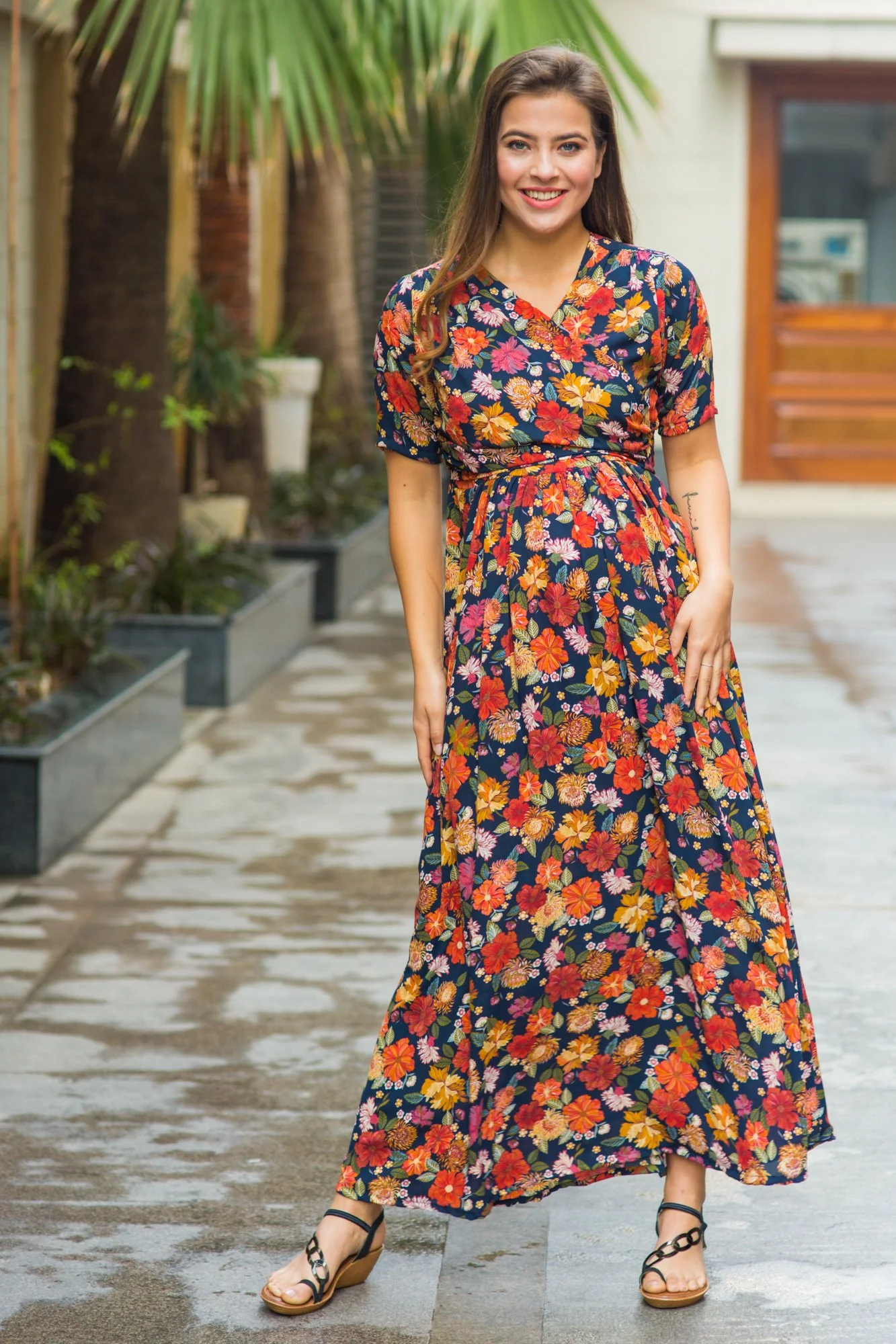 Vivacious Blue Floral Maternity & Nursing Wrap Dress - Chenance