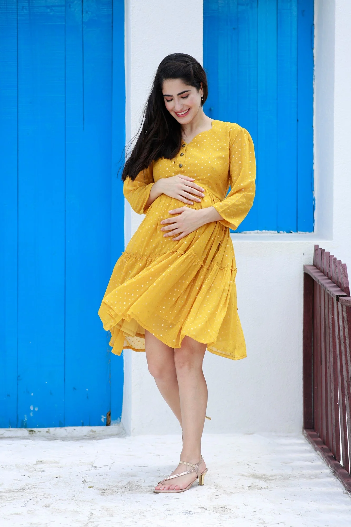 Cute Starry Marigold Maternity & Nursing Flair Dress - Chenance
