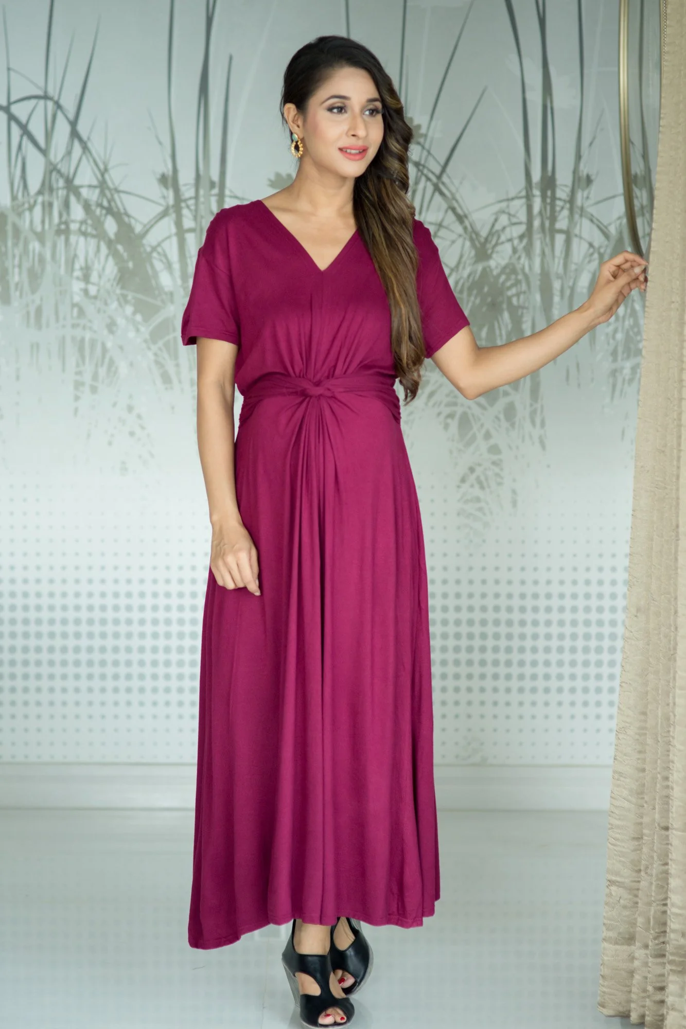 Berry Front Knot Lycra Maternity Dress - Chenance