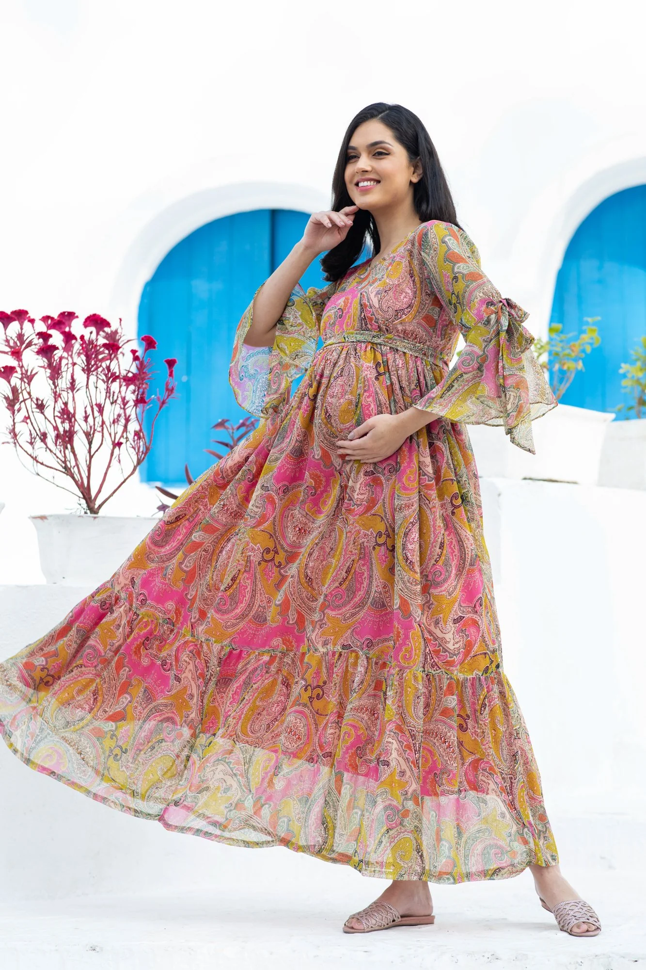 Rosy Paisley Maternity & Nursing Frill Dress - Chenance