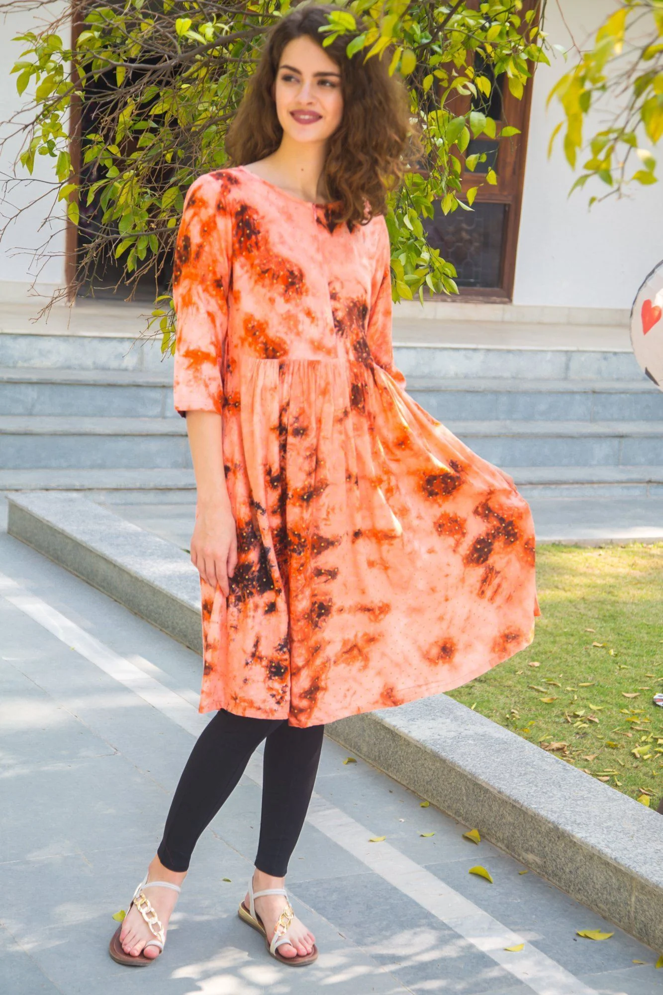 Auburn Foil Scattered Maternity & Nursing Kurta Dress - Chenance