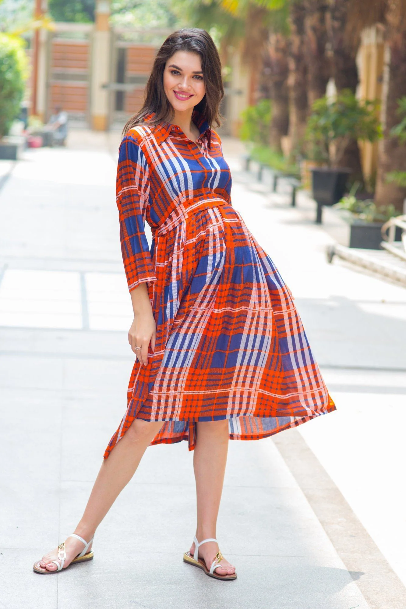Amber Check Maternity & Nursing Dress - Chenance