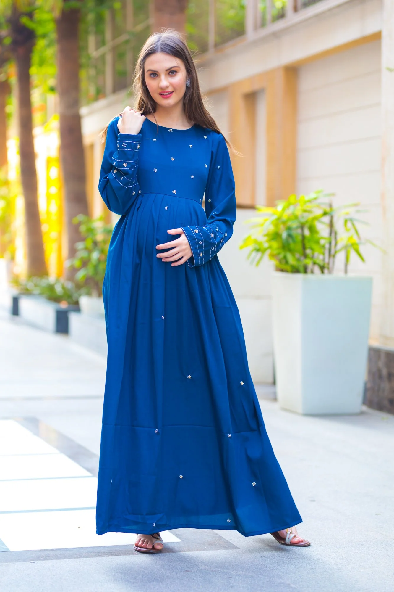 Premium Cobalt Blue Hand Embroidered  Maternity Dress - Chenance
