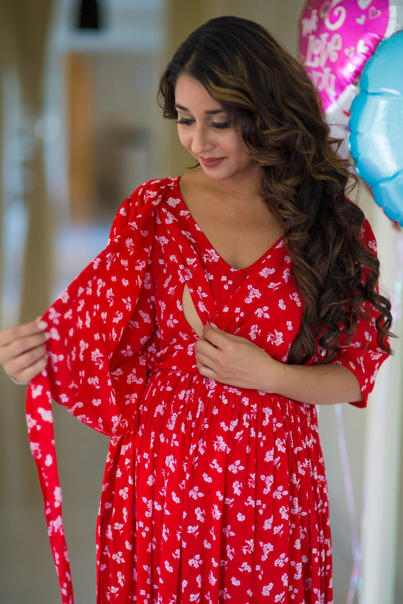 SO - Chic Red Floral Maternity & Nursing Wrap Dress-Pay - Chenance