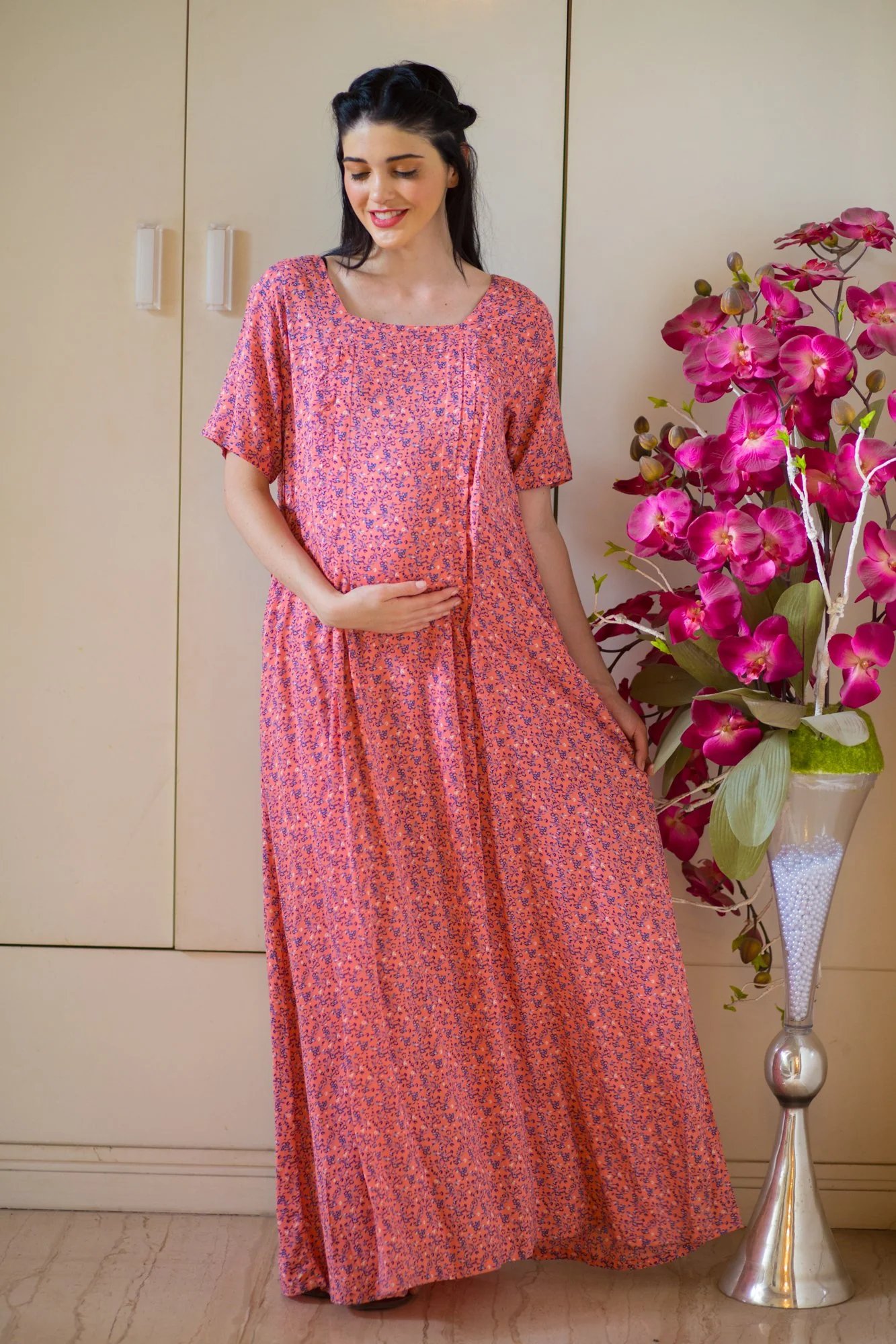 Coral Maternity & Nursing Concealed Zips Night Dress - Chenance