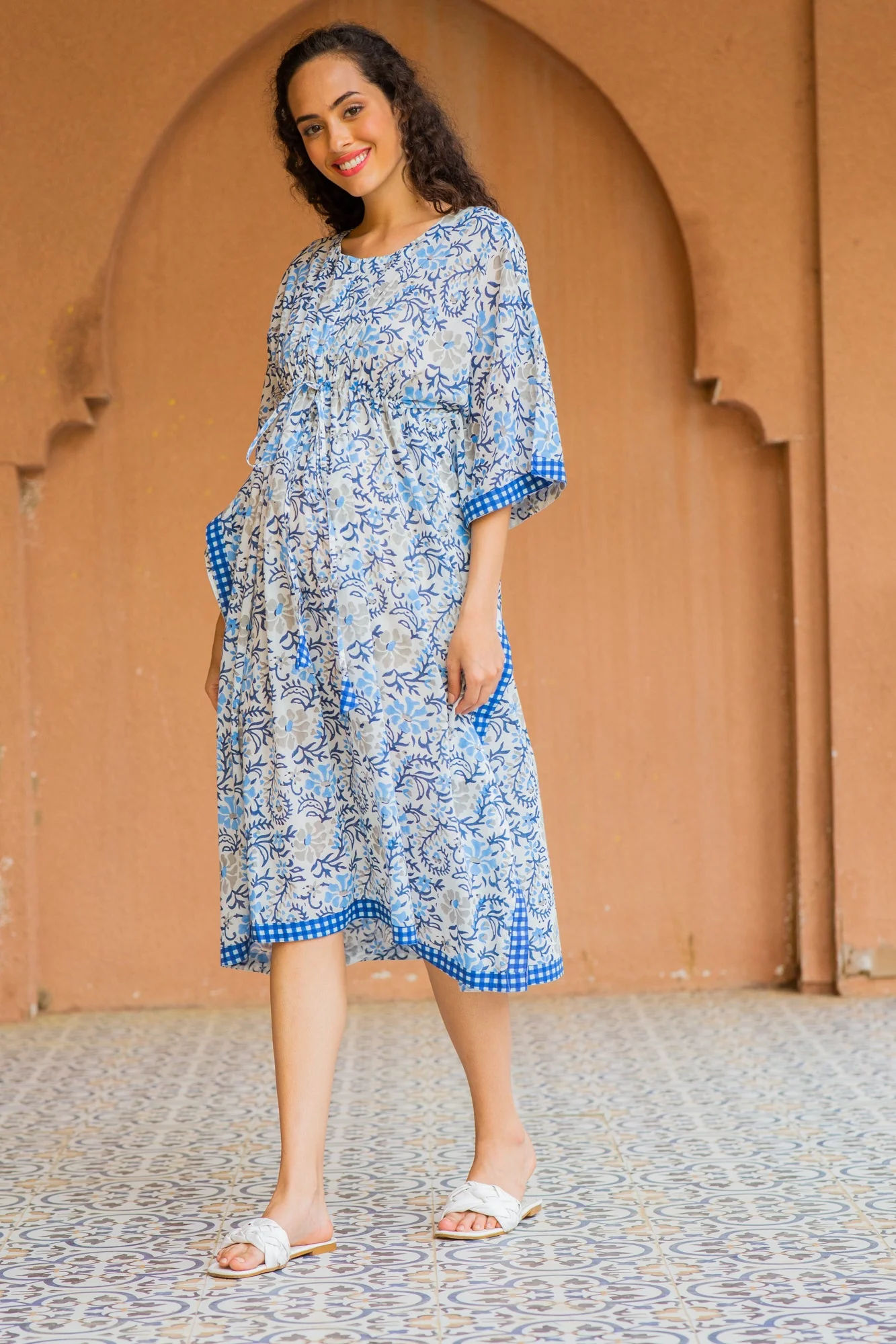 Angelic White Cotton Floral Maternity & Nursing Kaftan (100% Cotton) - Chenance