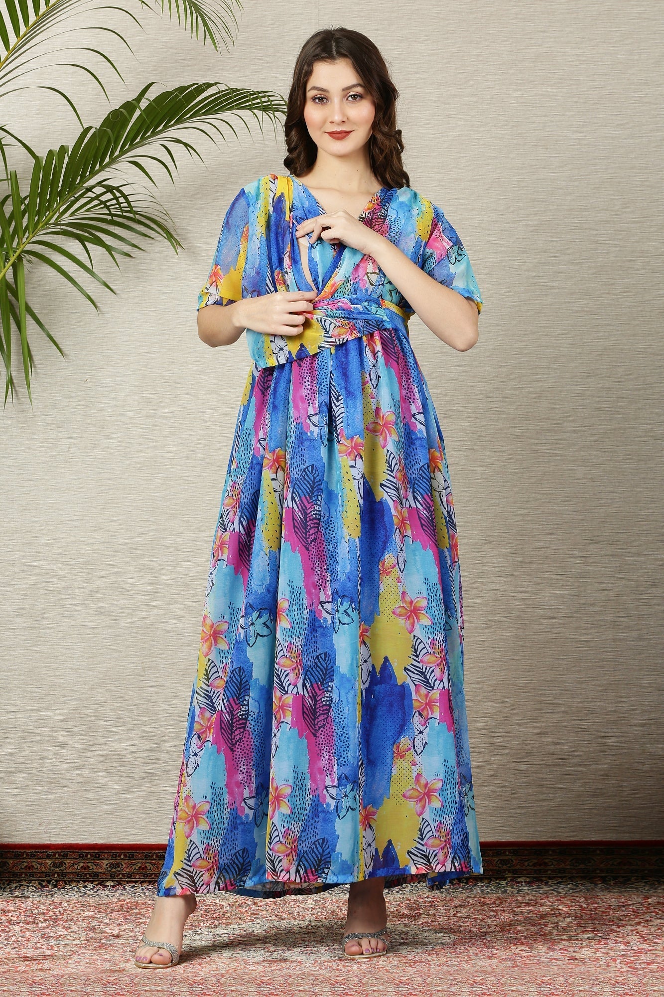 Aquamarine Blue Maternity & Nursing Chiffon Wrap Dress - Chenance