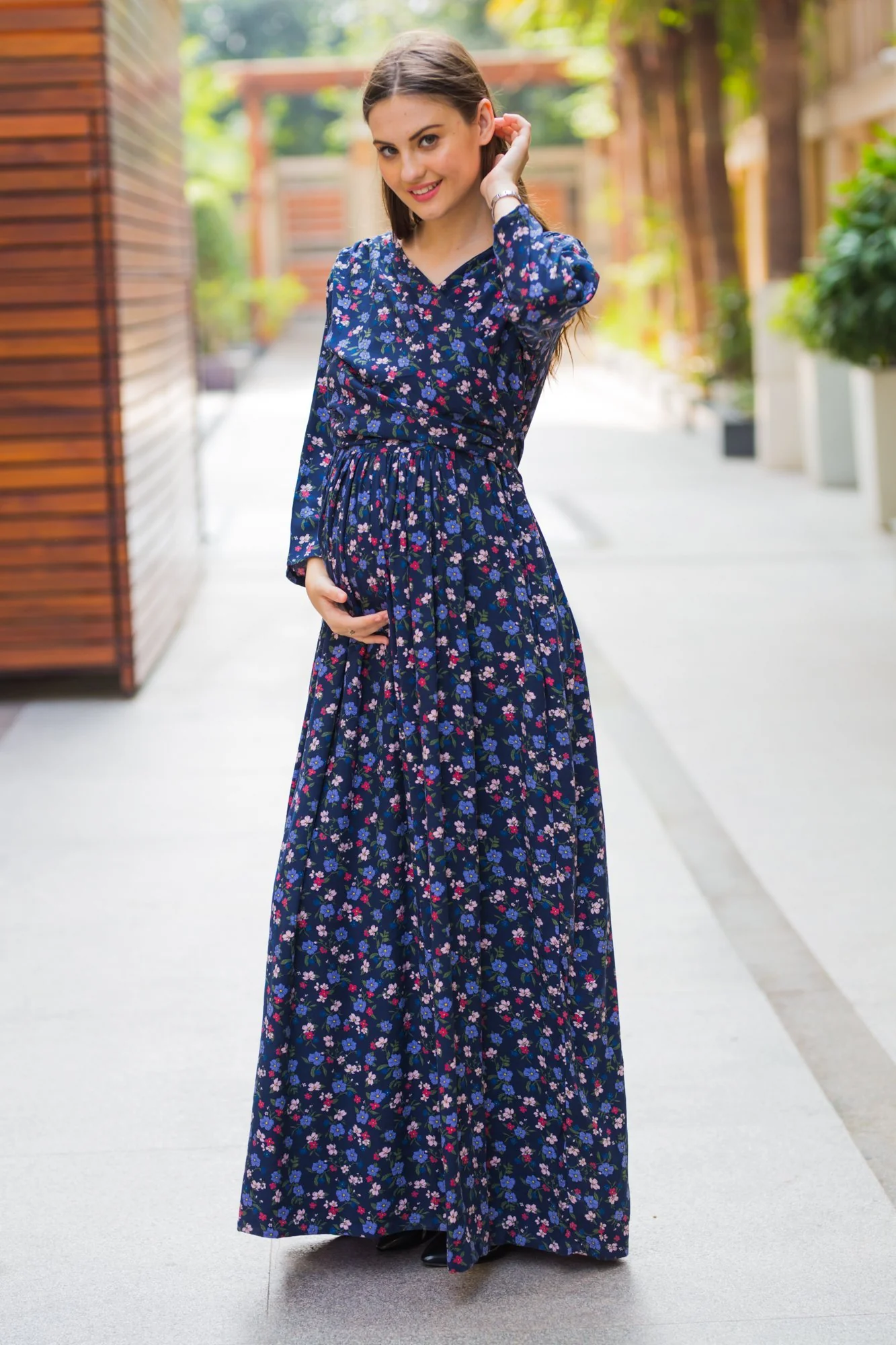 Dainty Floral Blue Maternity & Nursing Wrap Dress - Chenance