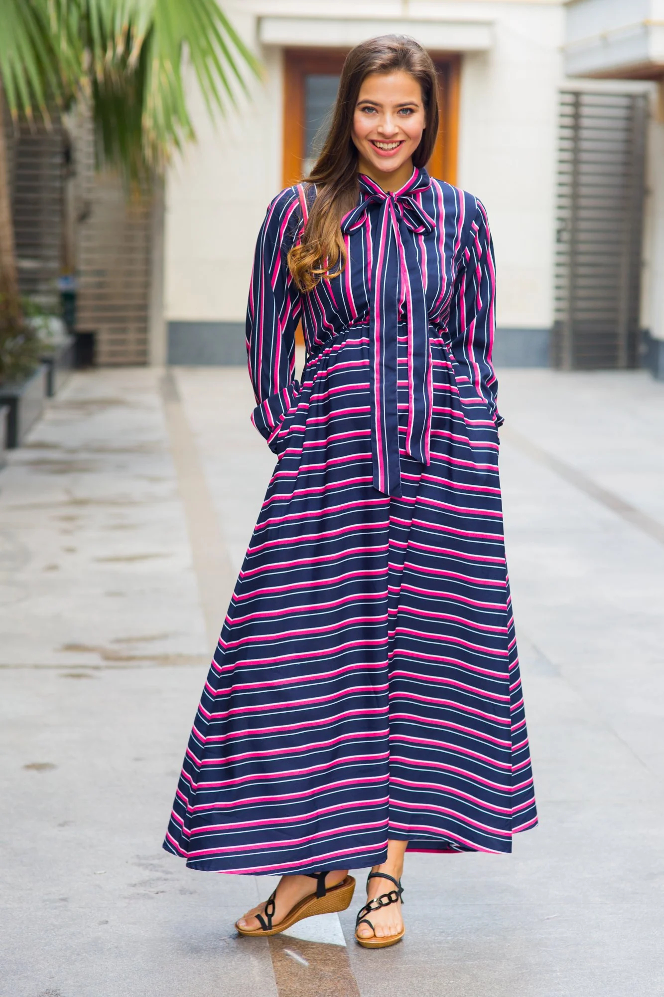 Unique Striped Neck Tie Bishop Sleeve Maternity & Nursing Dress - Chenance