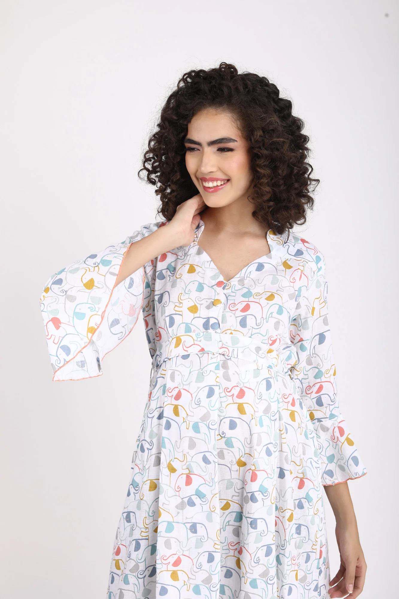 Abstract White Front Button Maternity & Nursing Linen Dress - Chenance