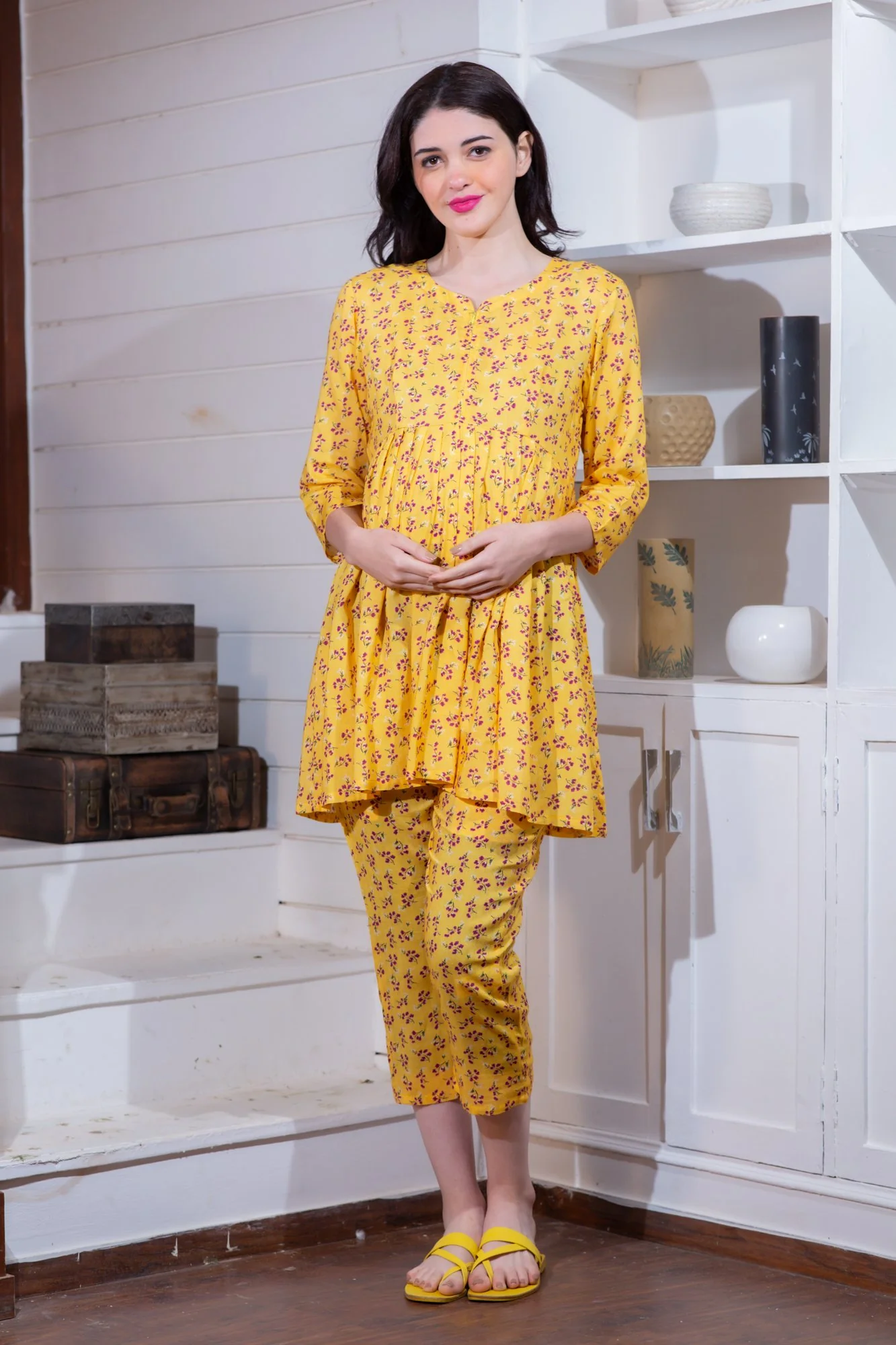 Angelic Yellow Maternity & Nursing Night Suit Set - Chenance