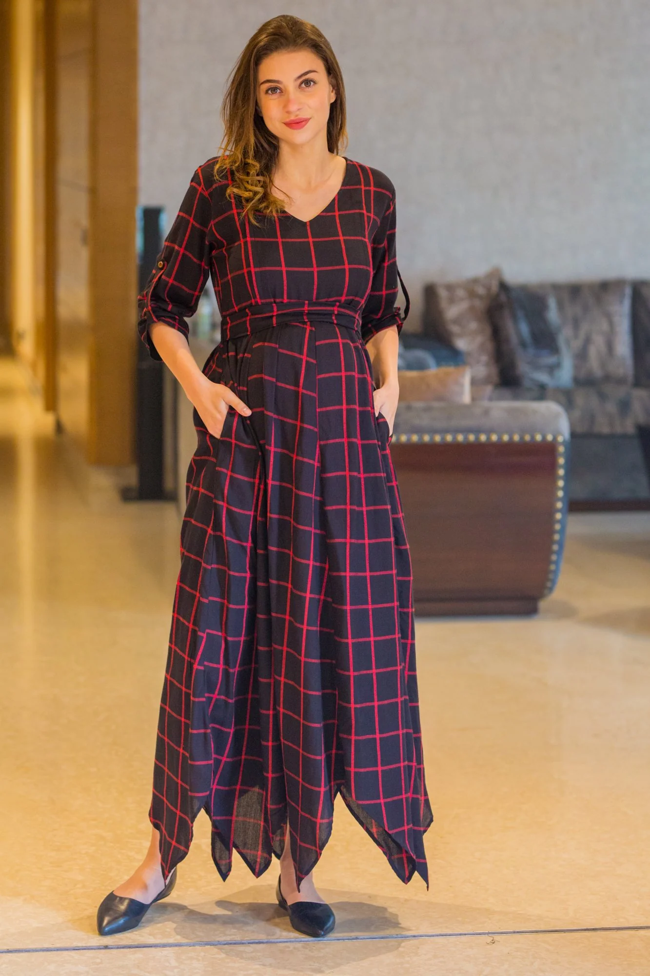 Elegance Check Maternity & Nursing Maxi Dress - Chenance