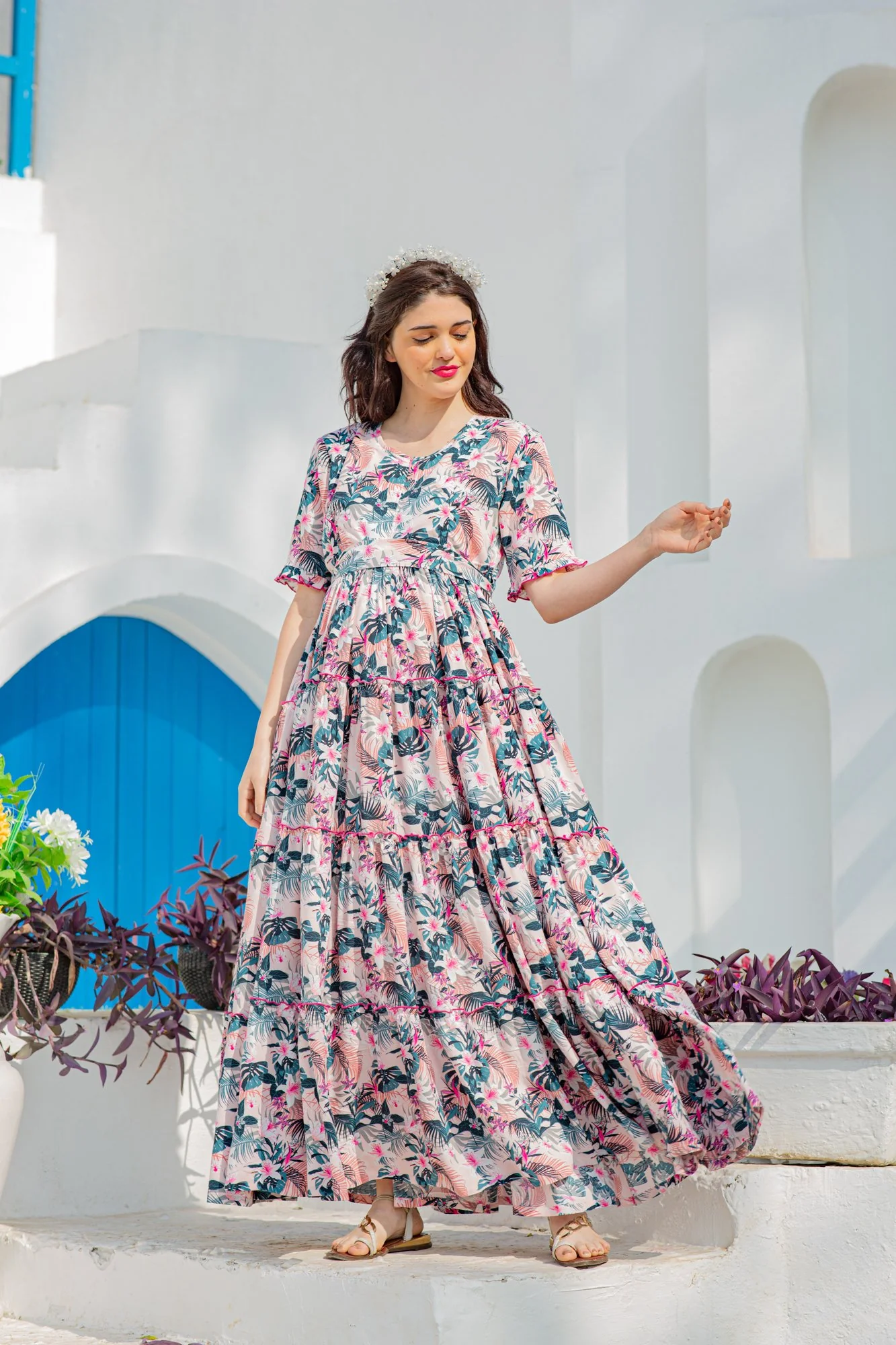 Peachy Tropical Bloom Frill Maternity & Nursing Dress - Chenance