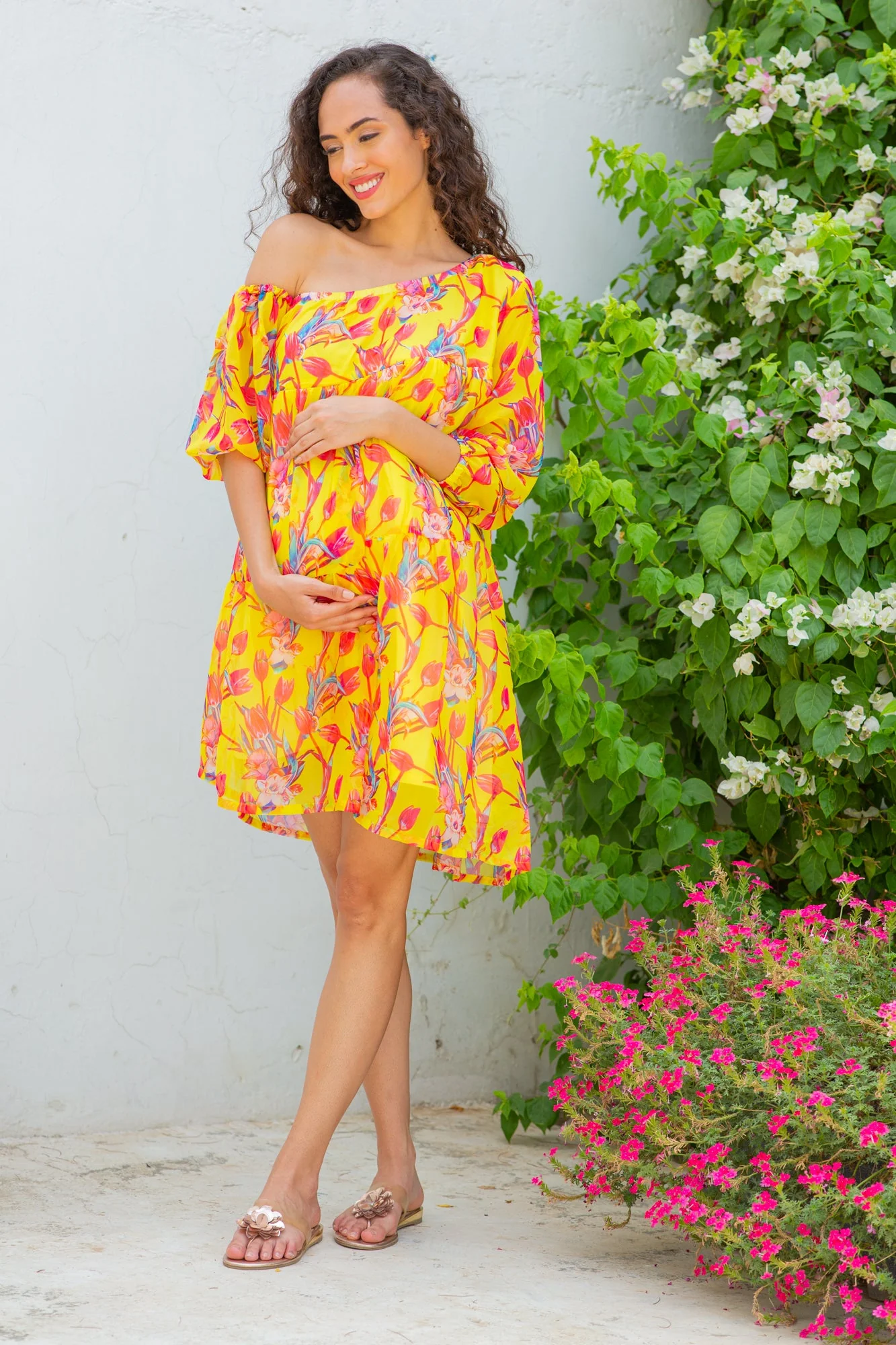 Vivacious Daisy Yellow Maternity & Nursing One-Shoulder Knee Dress - Chenance