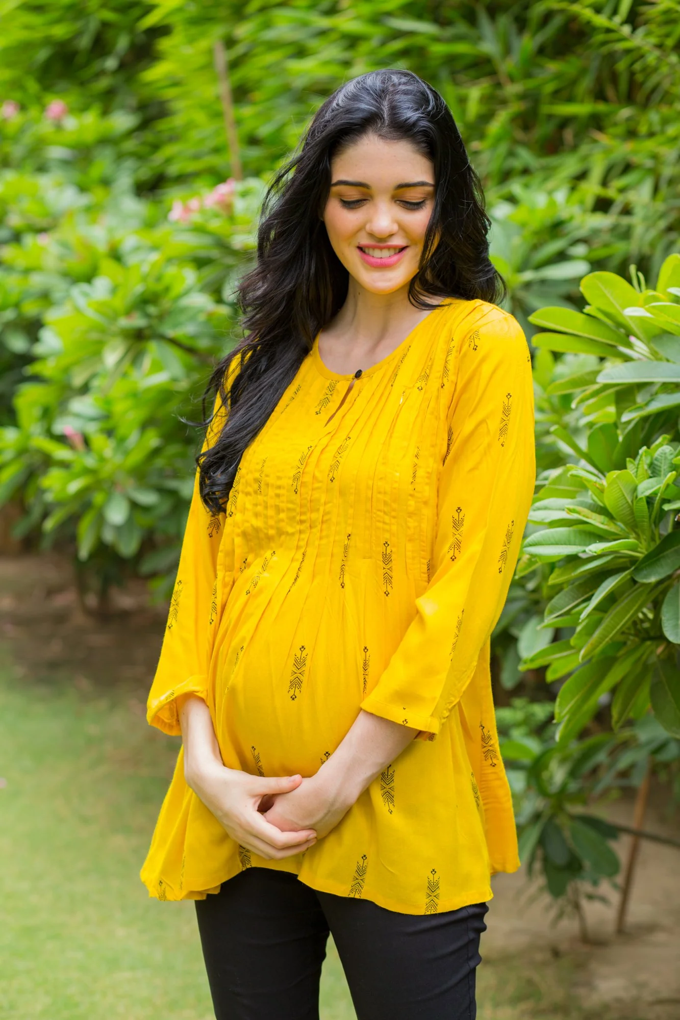 Yellow Printed Maternity & Nursing Concealed Zip Top - Chenance