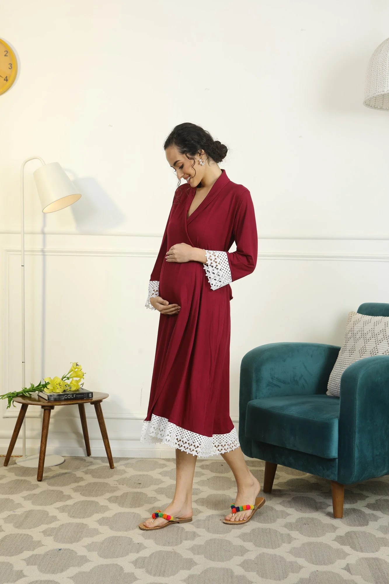 Vibrant Mulberry Lycra Maternity & Nursing Wrap Nightwear Dress/ Hospital Gown/ Delivery Robes - Chenance