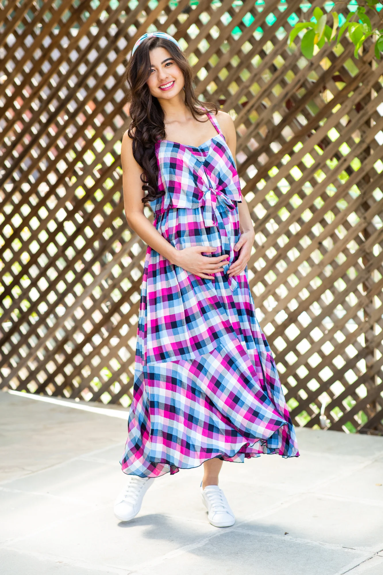 Arctic Pink Gingham Dual Bow Maternity Dress - Chenance