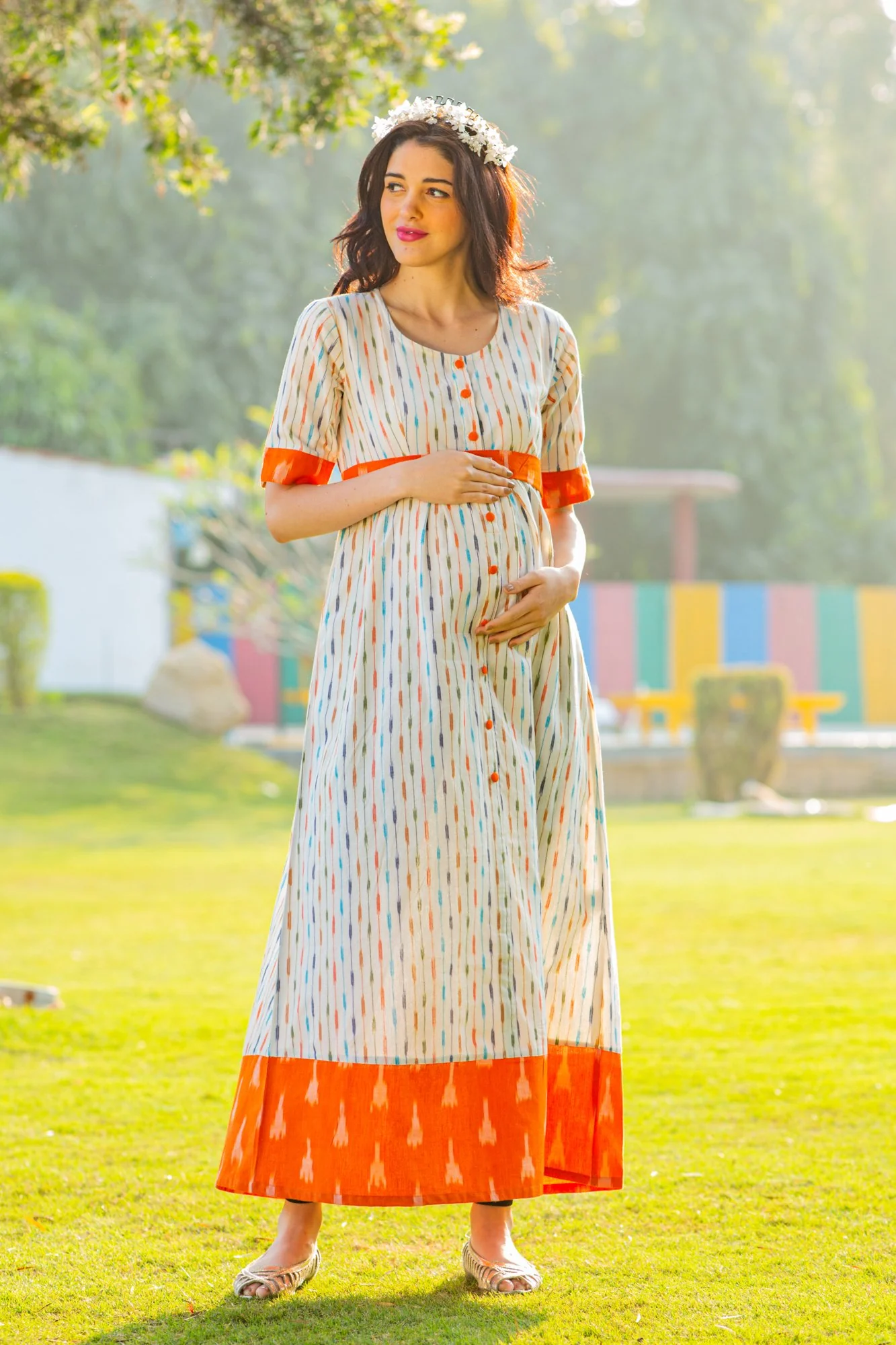 Pristine White Ikat Maternity and Nursing Kurta Dress - Chenance
